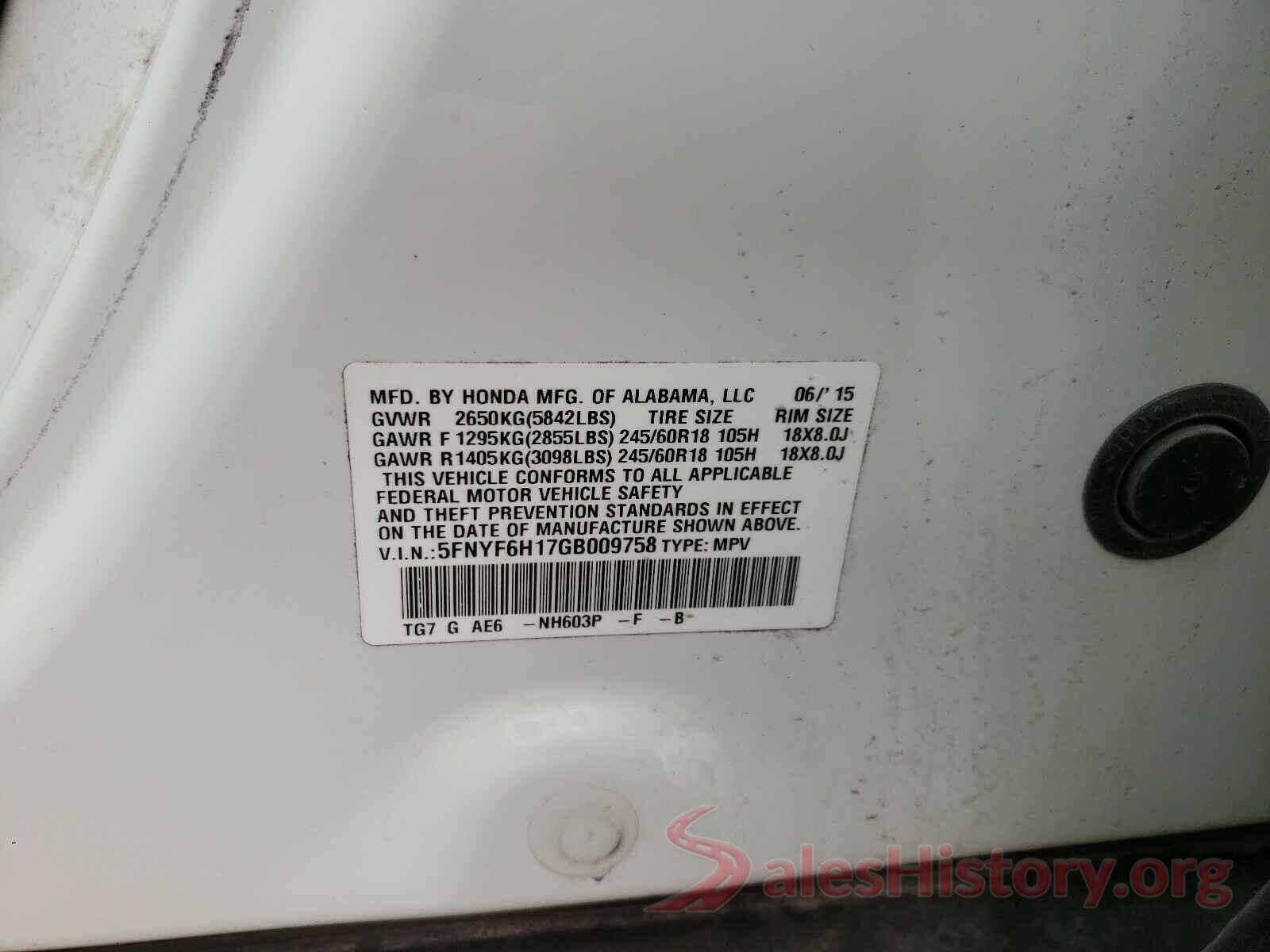 5FNYF6H17GB009758 2016 HONDA PILOT