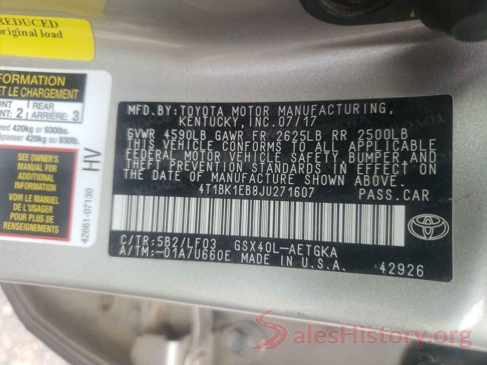 4T1BK1EB8JU271607 2018 TOYOTA AVALON