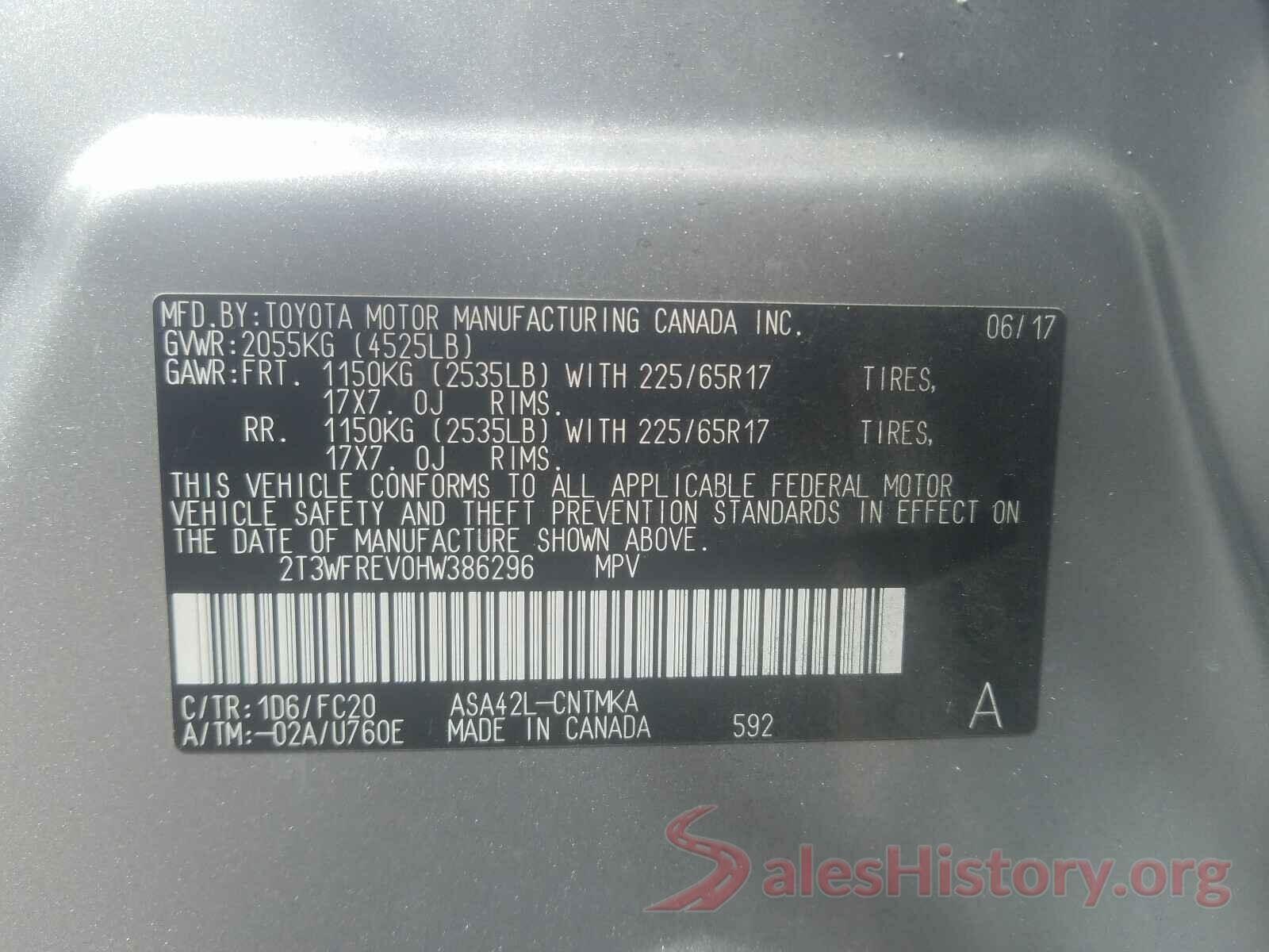 2T3WFREV0HW386296 2017 TOYOTA RAV4