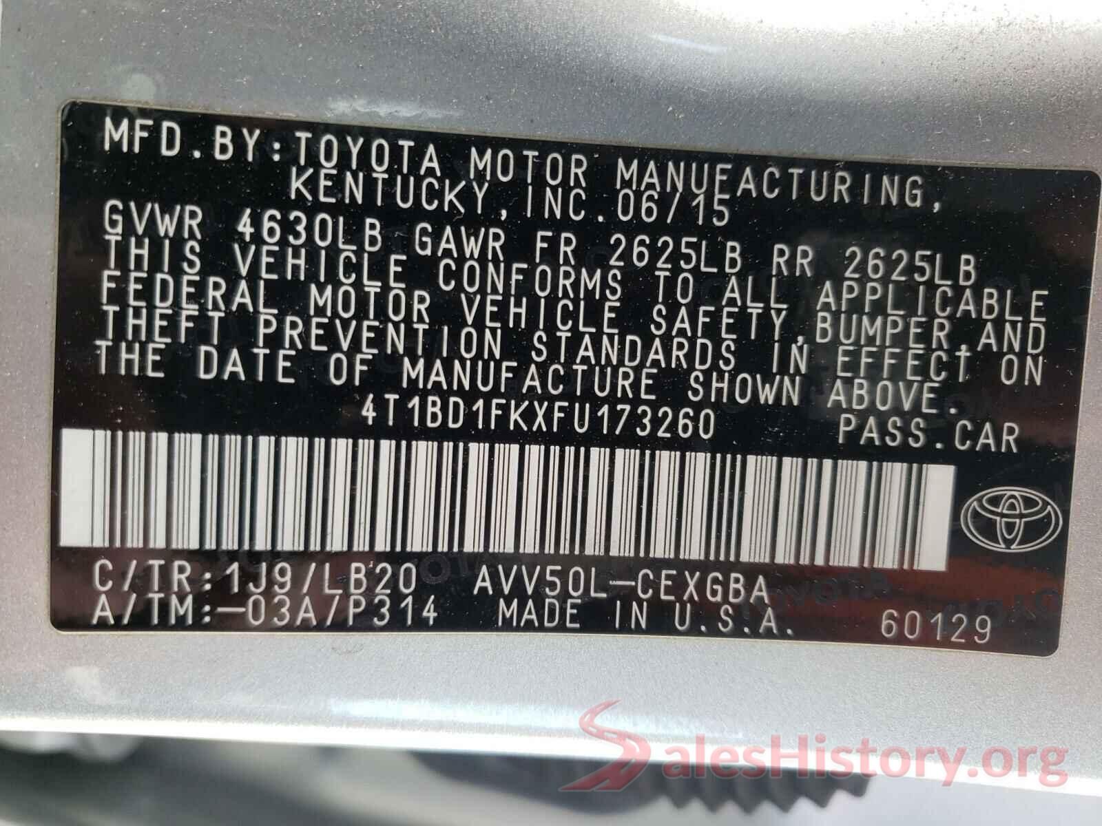 4T1BD1FKXFU173260 2015 TOYOTA CAMRY