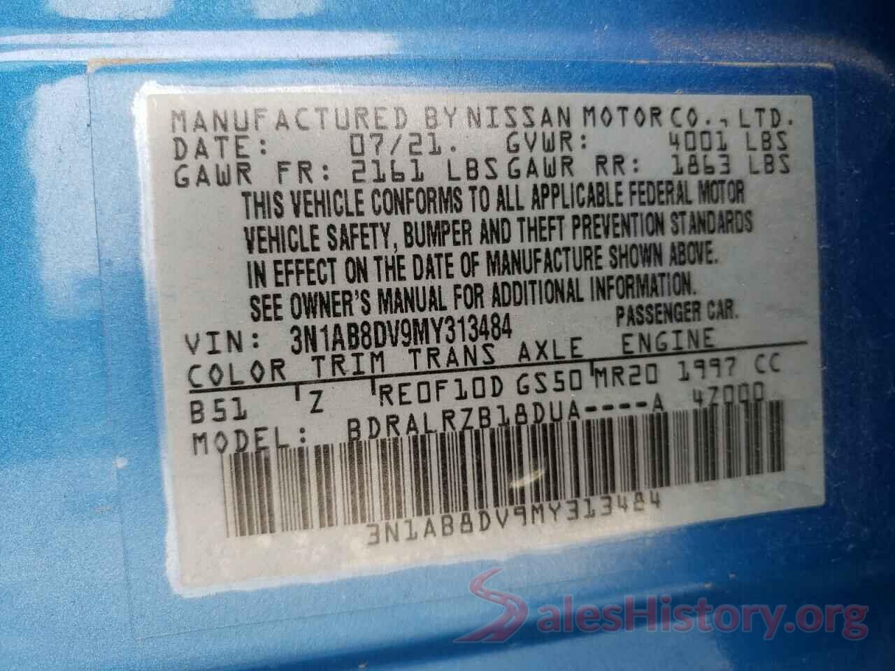 3N1AB8DV9MY313484 2021 NISSAN SENTRA