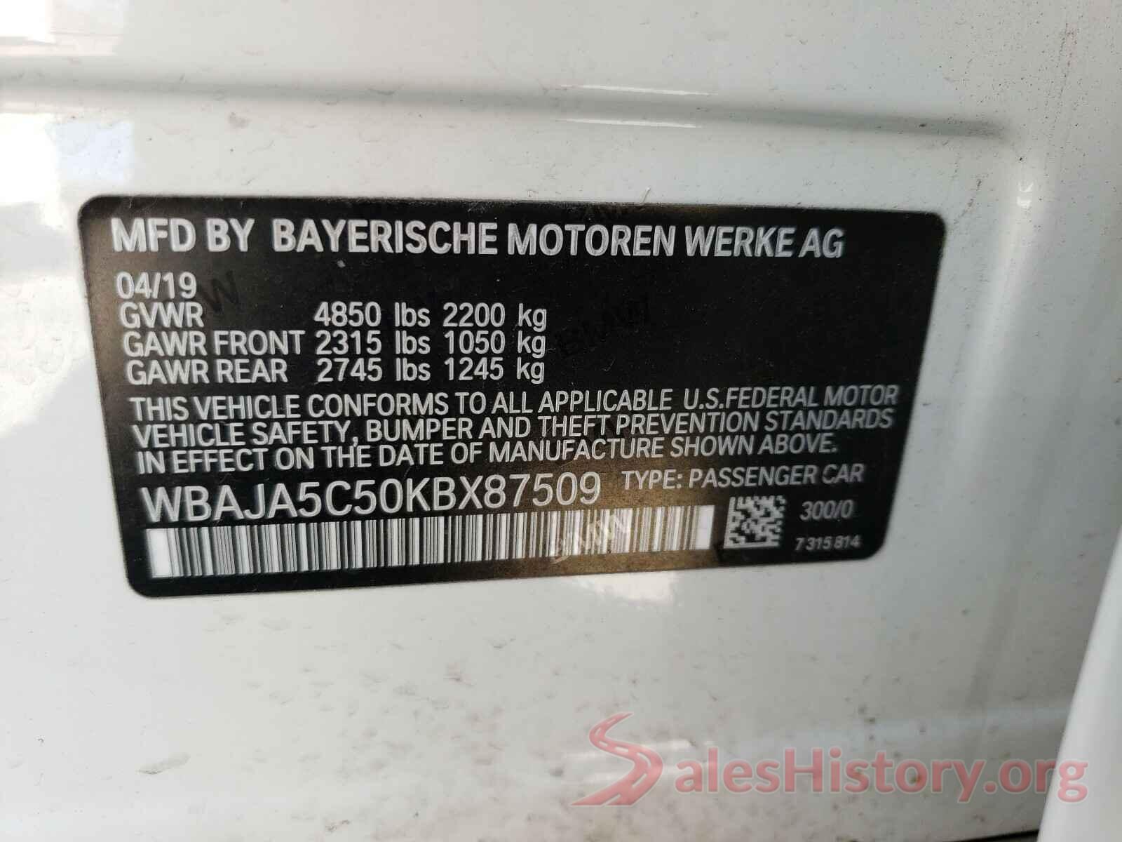 WBAJA5C50KBX87509 2019 BMW 5 SERIES