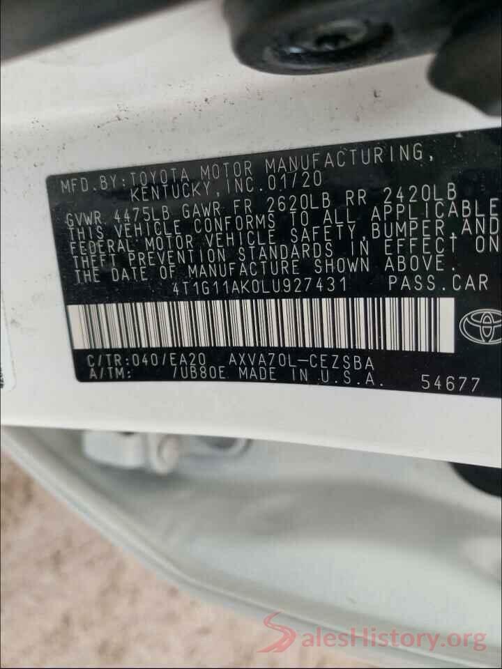 4T1G11AK0LU927431 2020 TOYOTA CAMRY