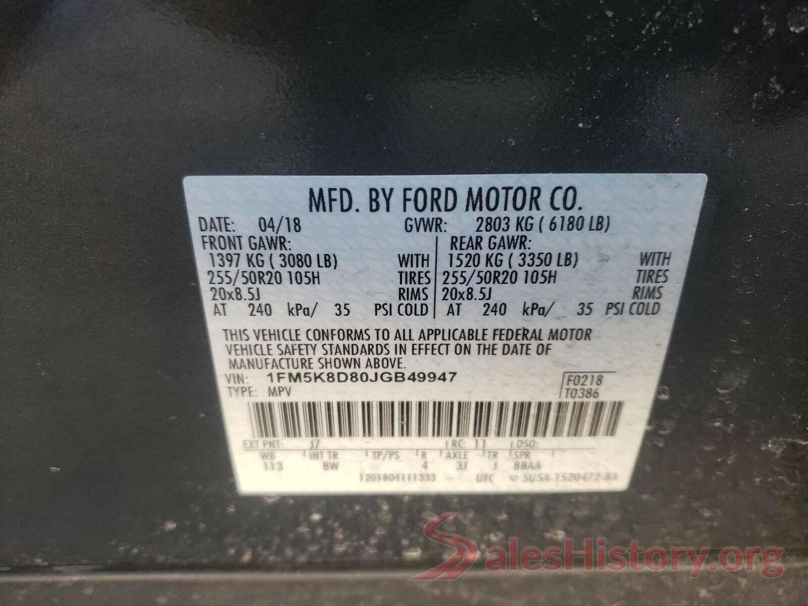 1FM5K8D80JGB49947 2018 FORD EXPLORER