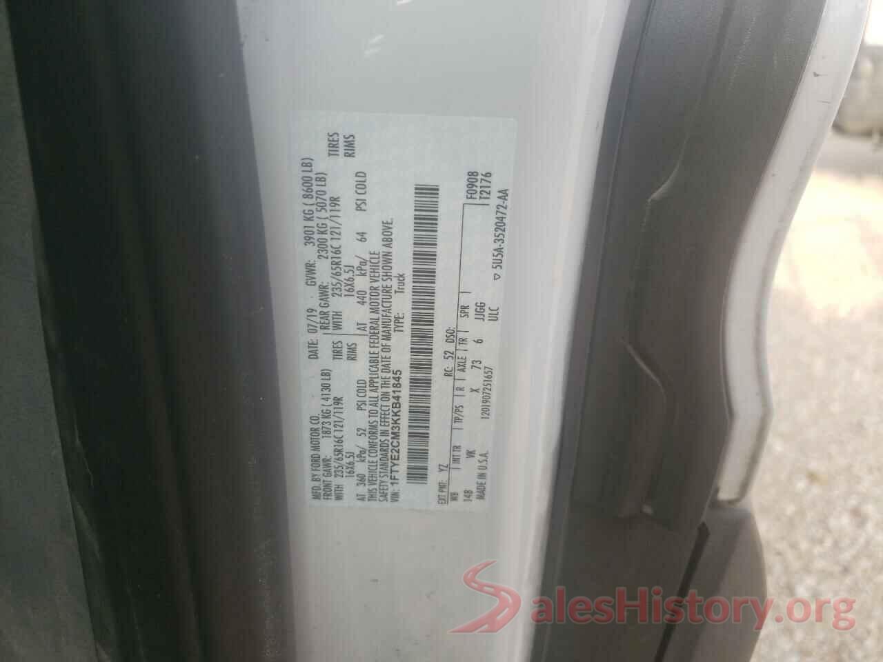 1FTYE2CM3KKB41845 2019 FORD TRANSIT CO