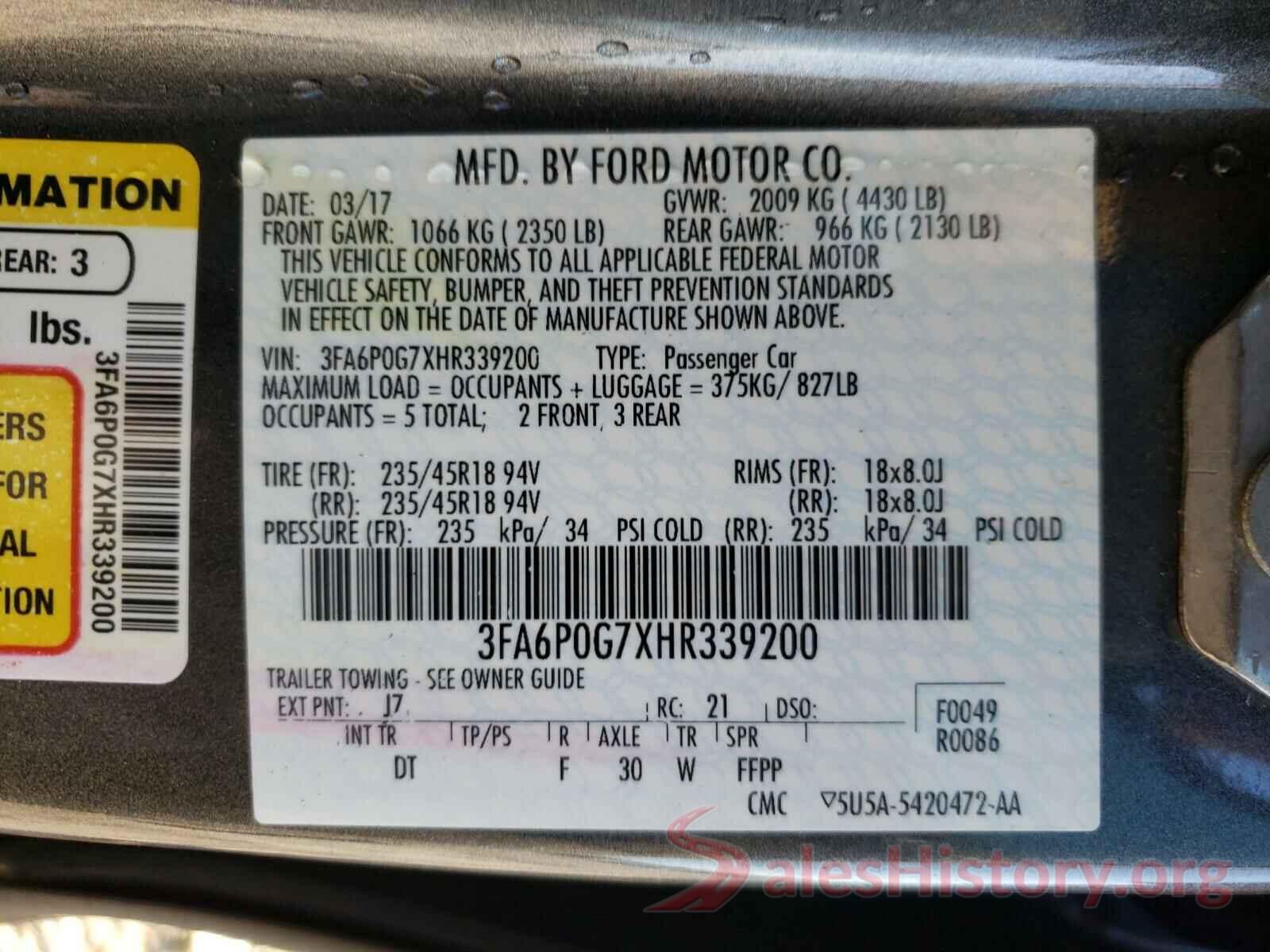 3FA6P0G7XHR339200 2017 FORD FUSION