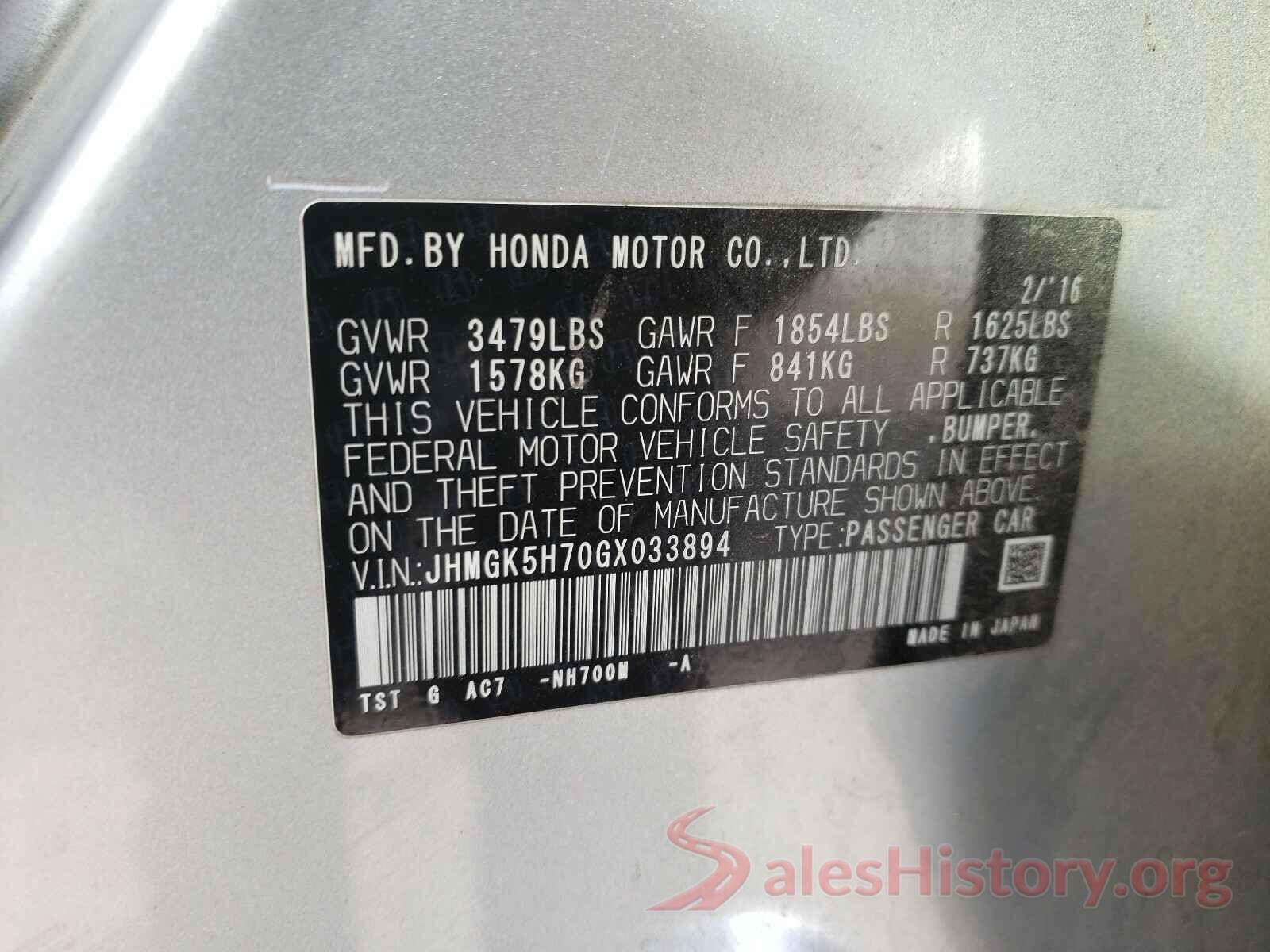 JHMGK5H70GX033894 2016 HONDA FIT