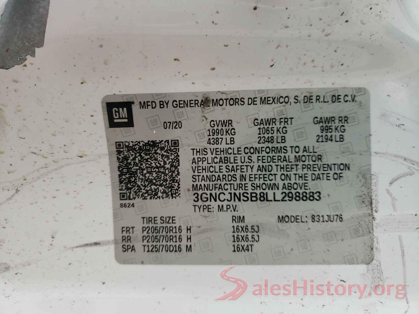 3GNCJNSB8LL298883 2020 CHEVROLET TRAX