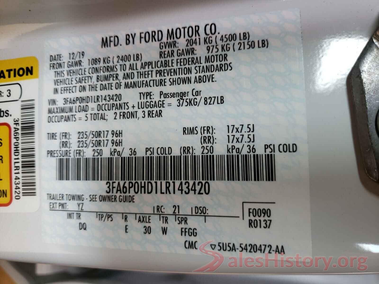 3FA6P0HD1LR143420 2020 FORD FUSION