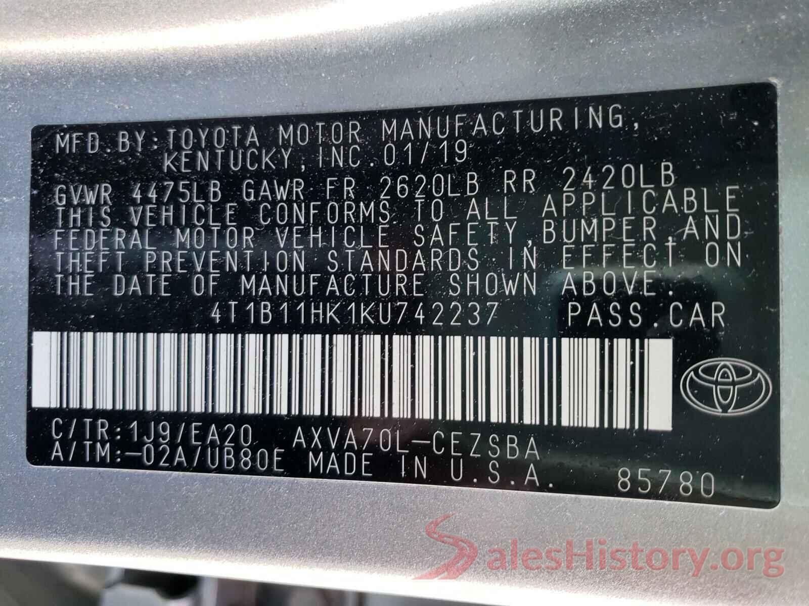 4T1B11HK1KU742237 2019 TOYOTA CAMRY