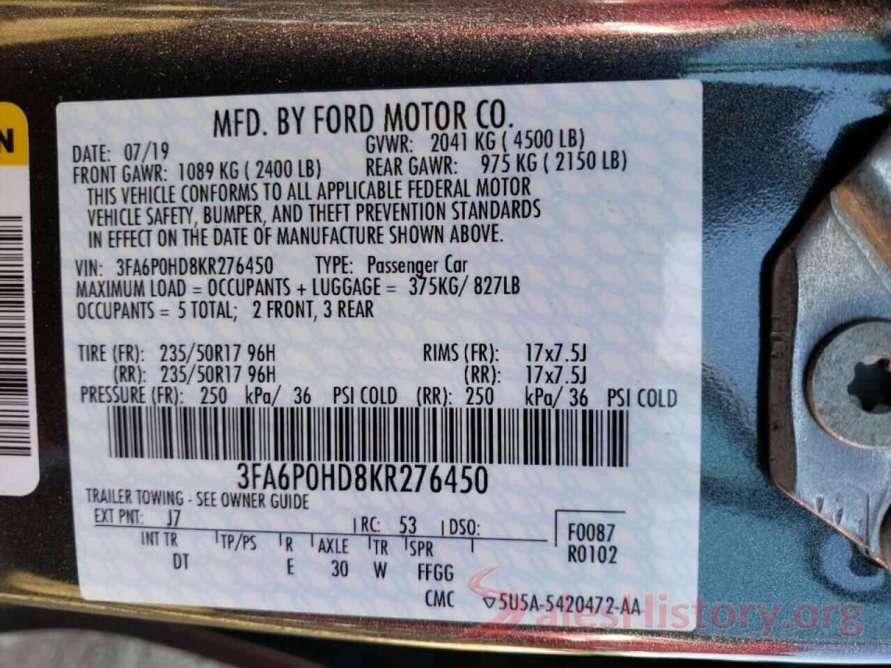 3FA6P0HD8KR276450 2019 FORD FUSION