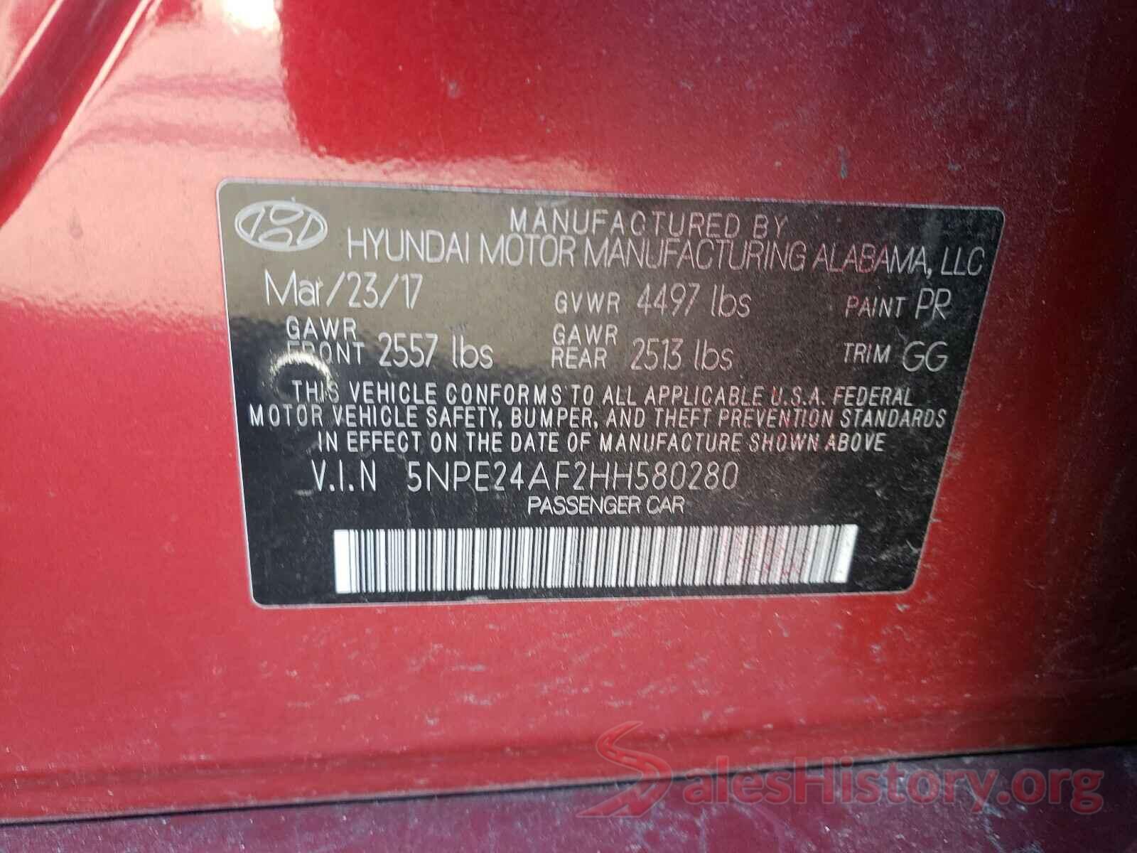 5NPE24AF2HH580280 2017 HYUNDAI SONATA