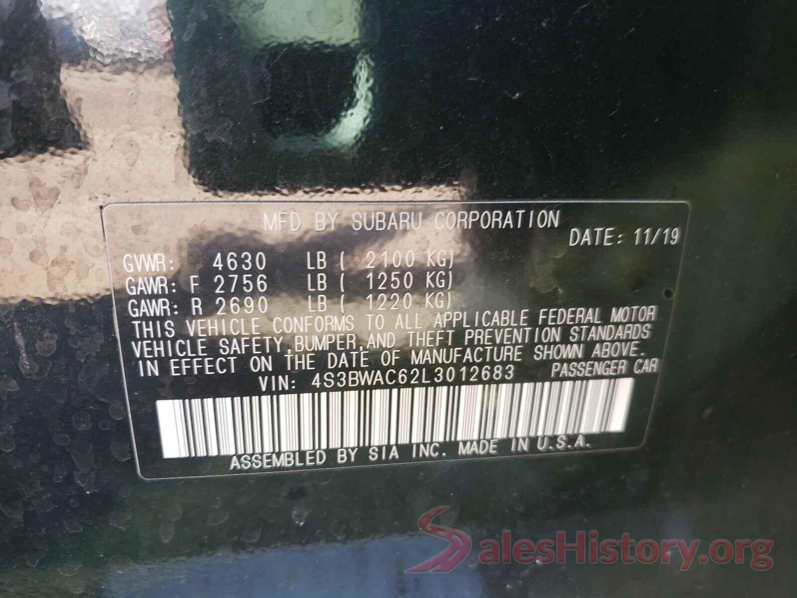 4S3BWAC62L3012683 2020 SUBARU LEGACY