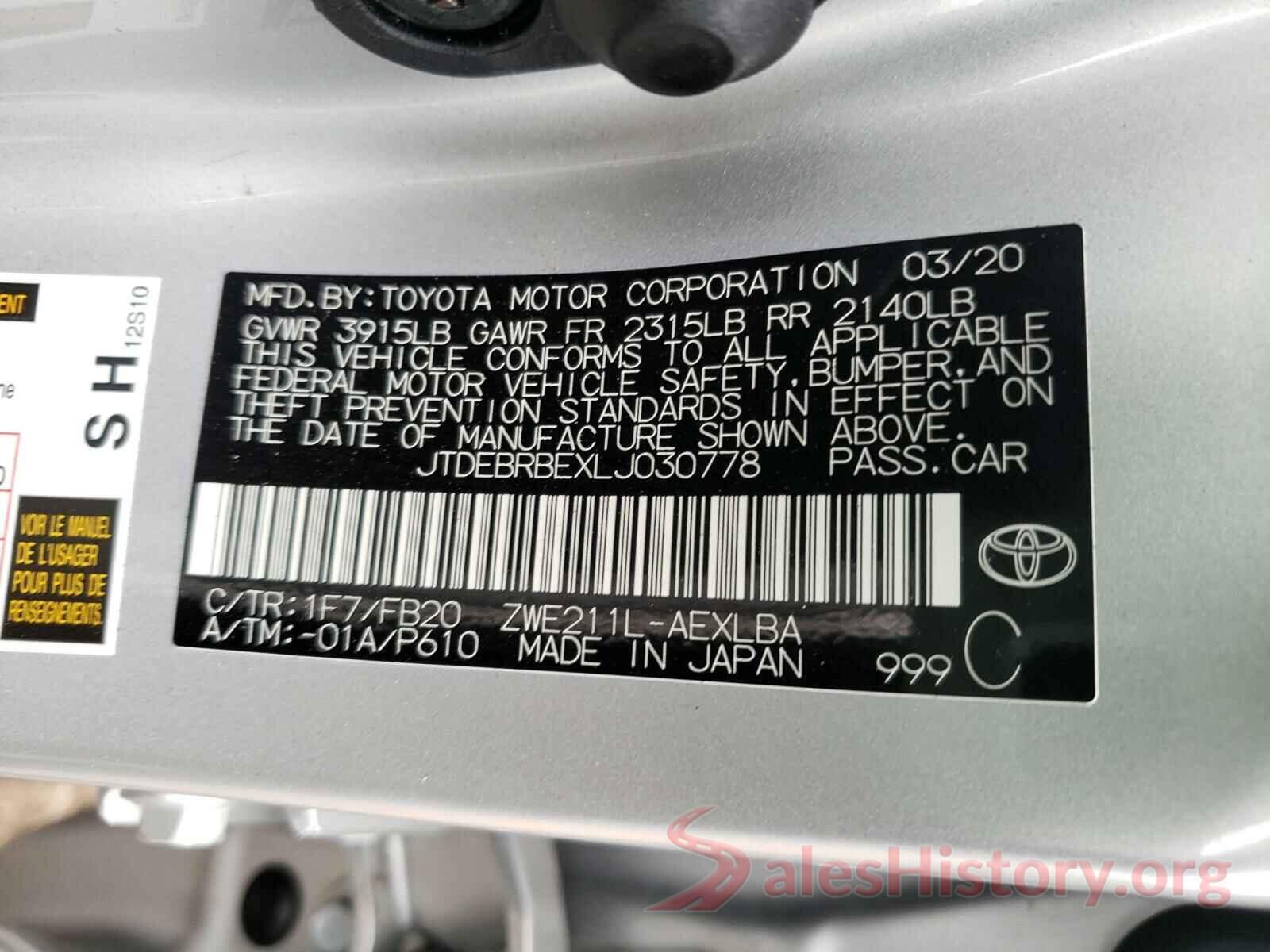 JTDEBRBEXLJ030778 2020 TOYOTA COROLLA