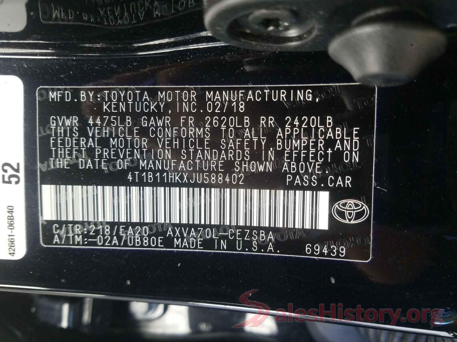 4T1B11HKXJU588402 2018 TOYOTA CAMRY