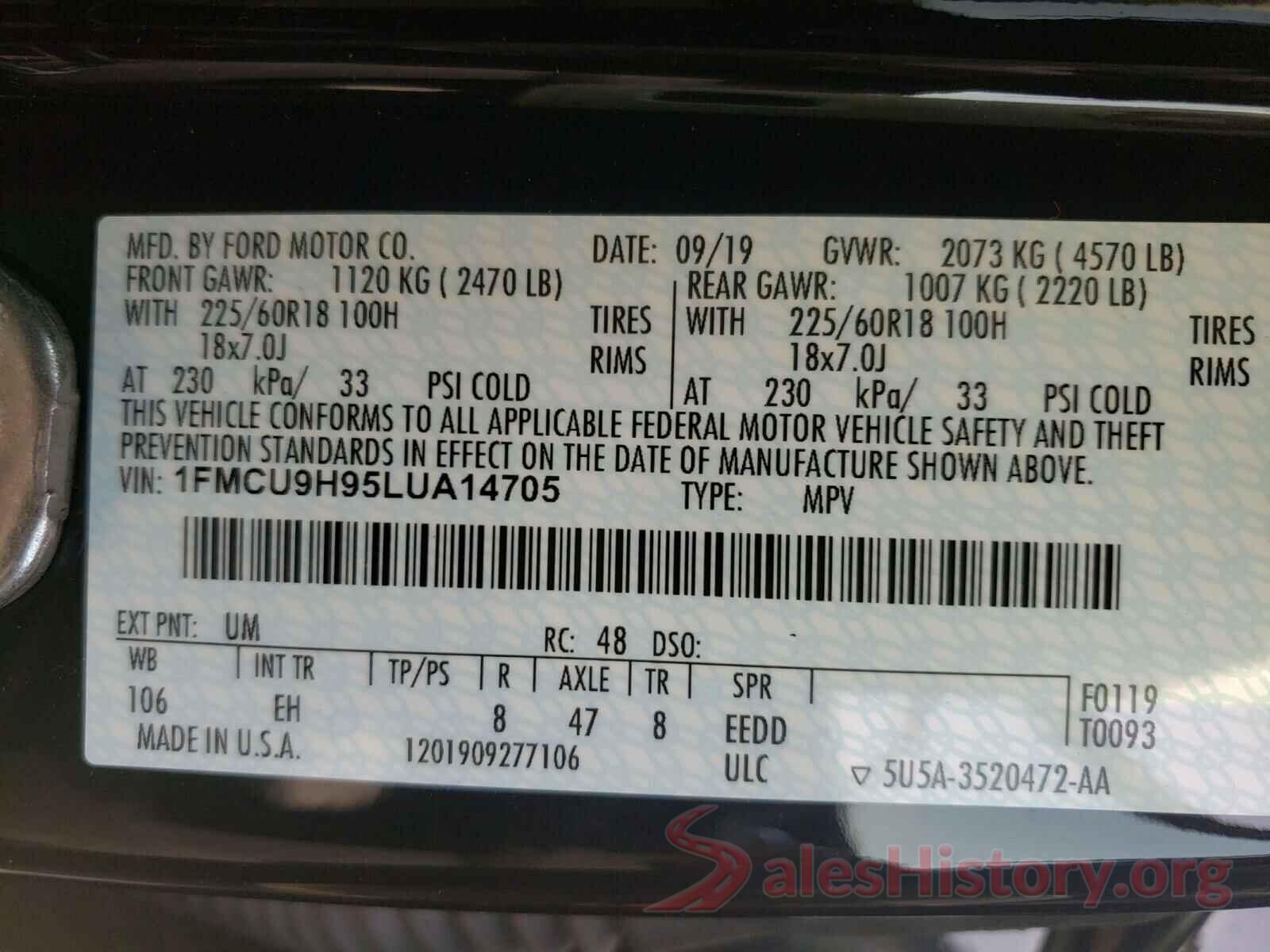 1FMCU9H95LUA14705 2020 FORD ESCAPE