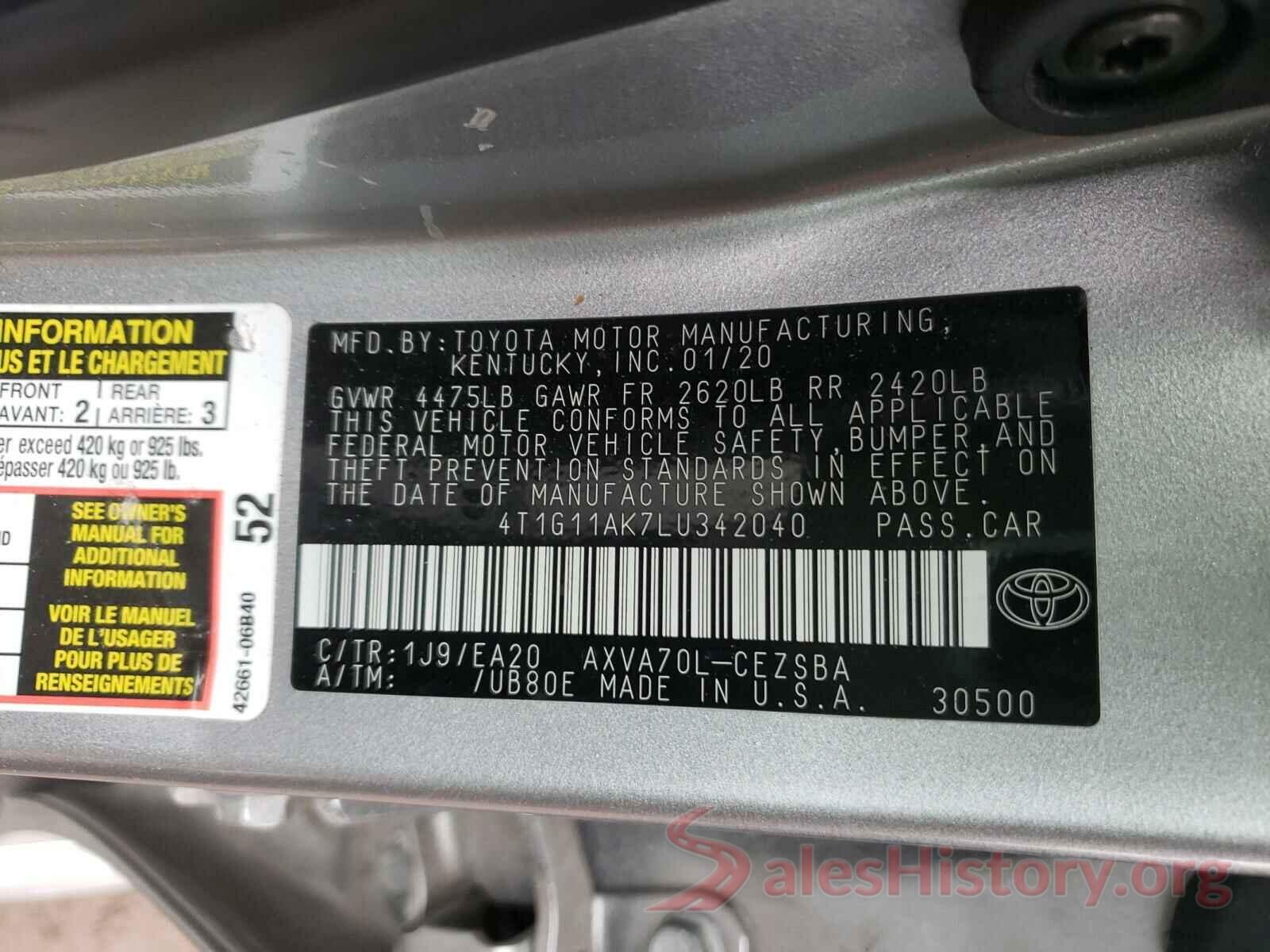 4T1G11AK7LU342040 2020 TOYOTA CAMRY