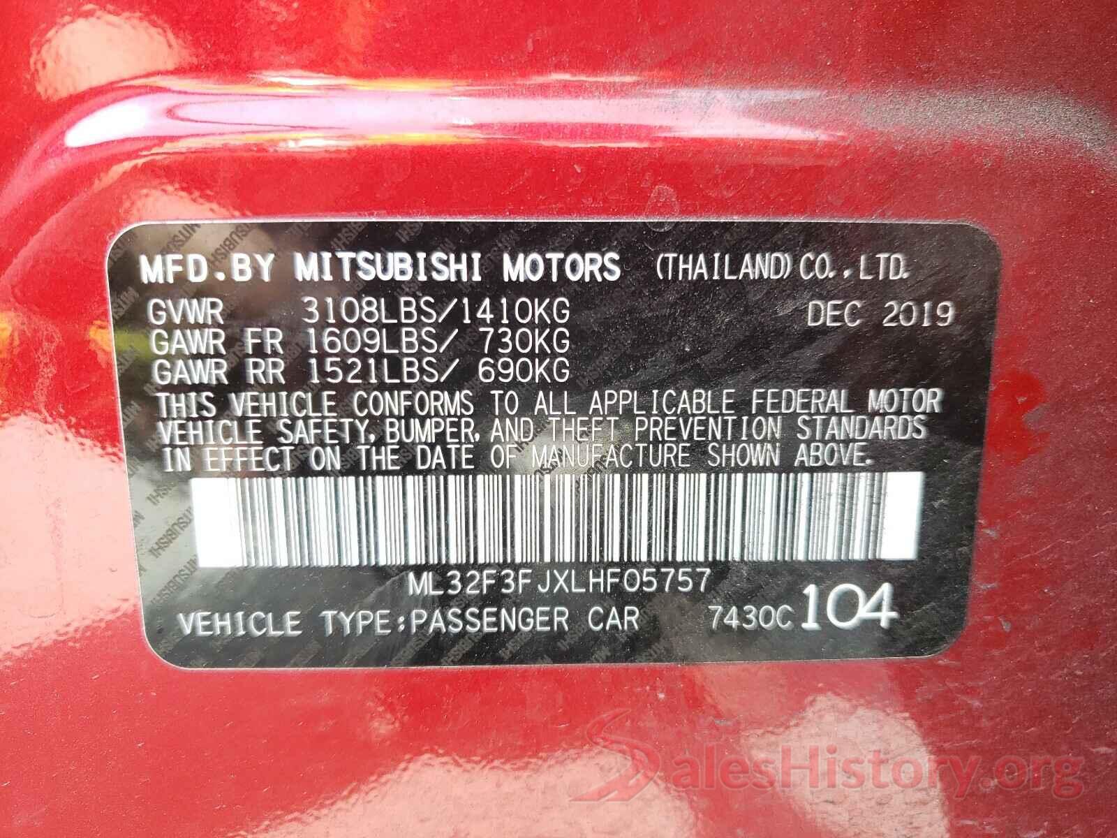 ML32F3FJXLHF05757 2020 MITSUBISHI MIRAGE