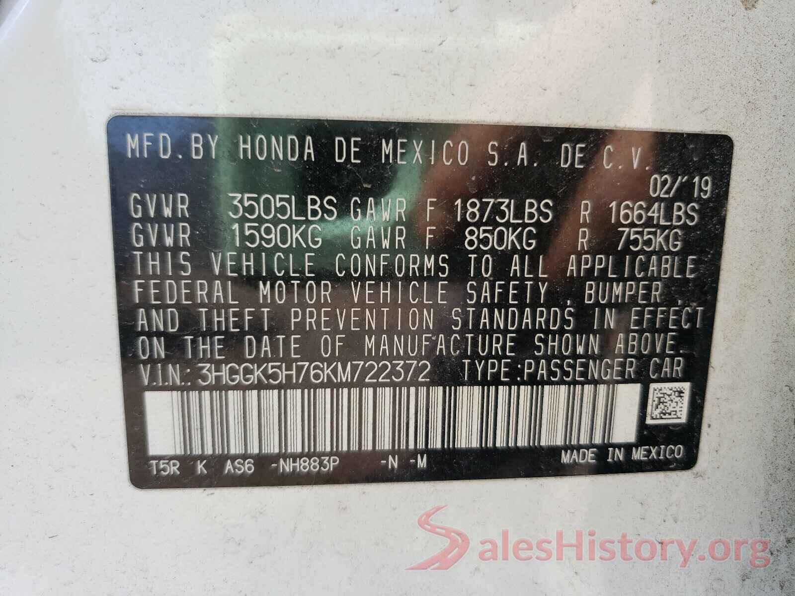 3HGGK5H76KM722372 2019 HONDA FIT