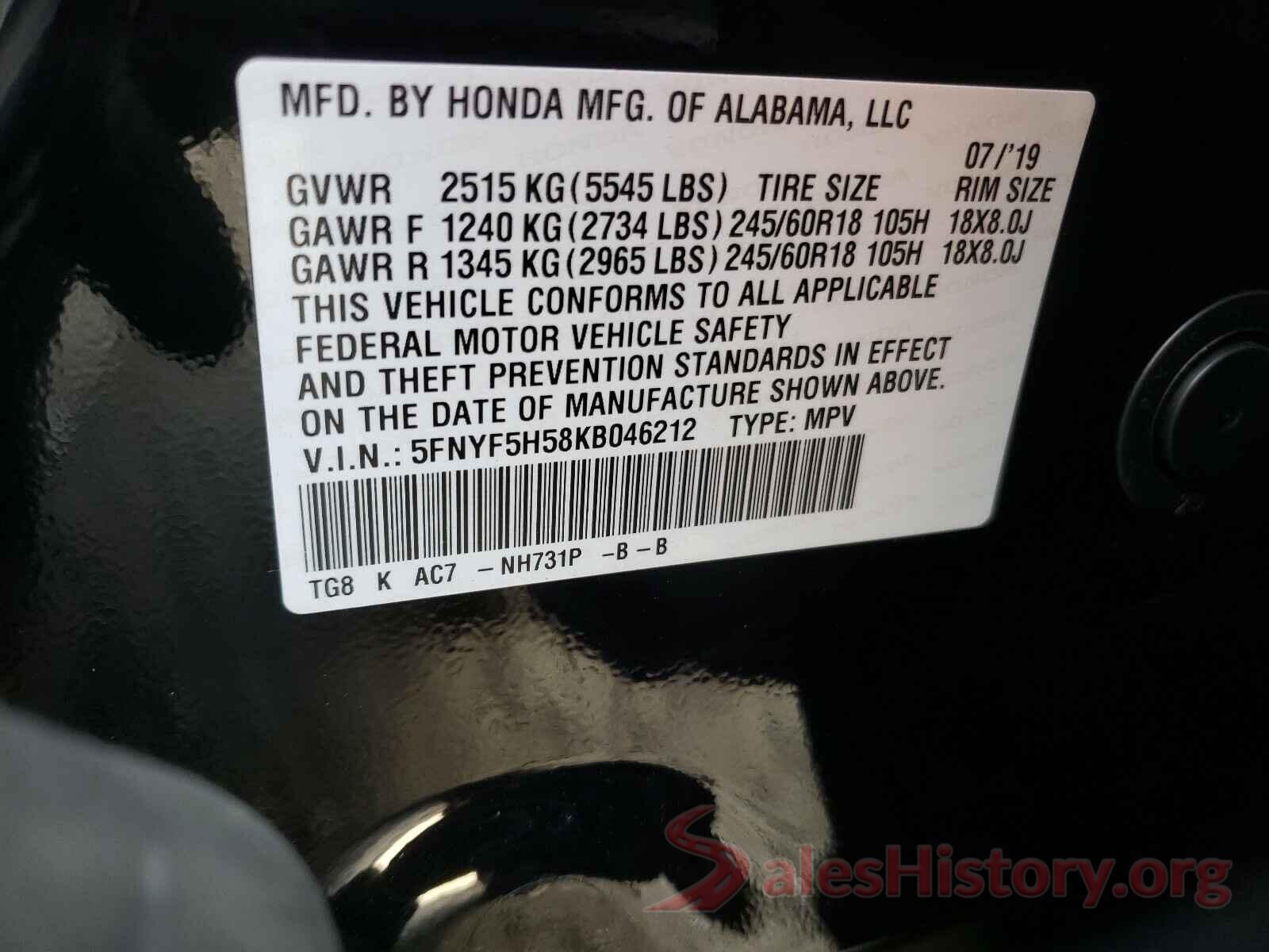 5FNYF5H58KB046212 2019 HONDA PILOT