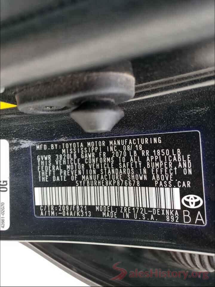 5YFBURHE8KP876678 2019 TOYOTA COROLLA