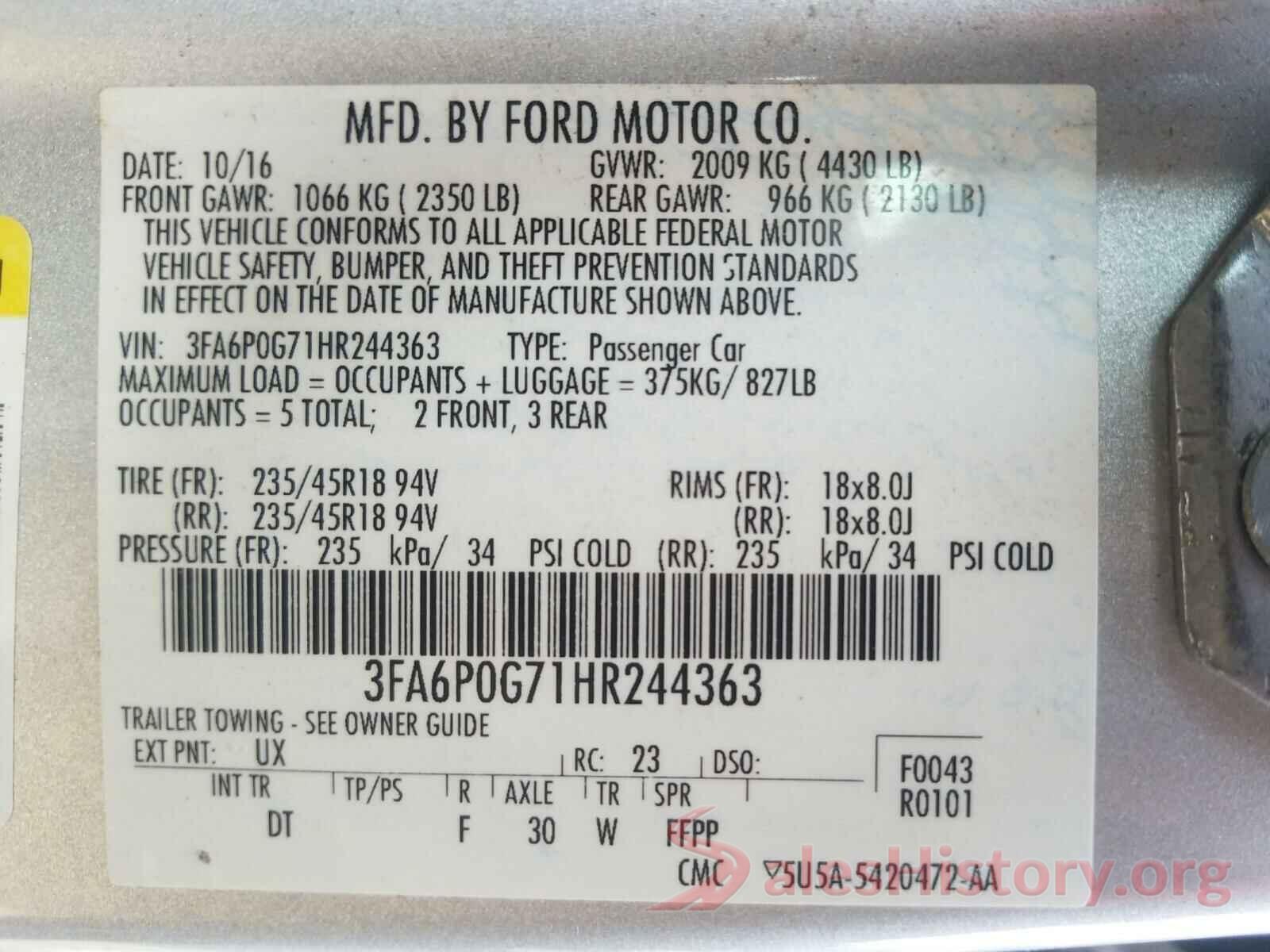 3FA6P0G71HR244363 2017 FORD FUSION