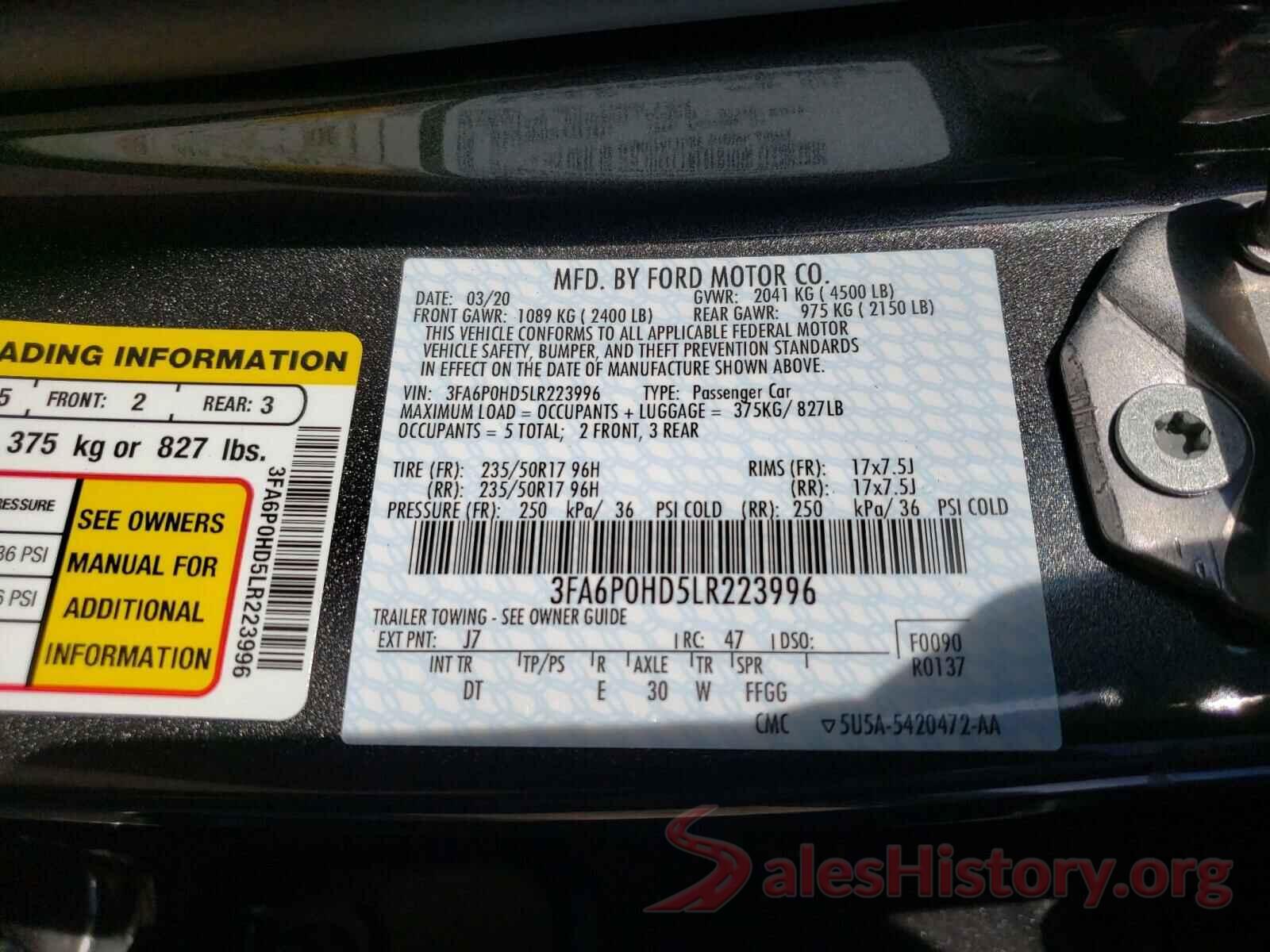 3FA6P0HD5LR223996 2020 FORD FUSION