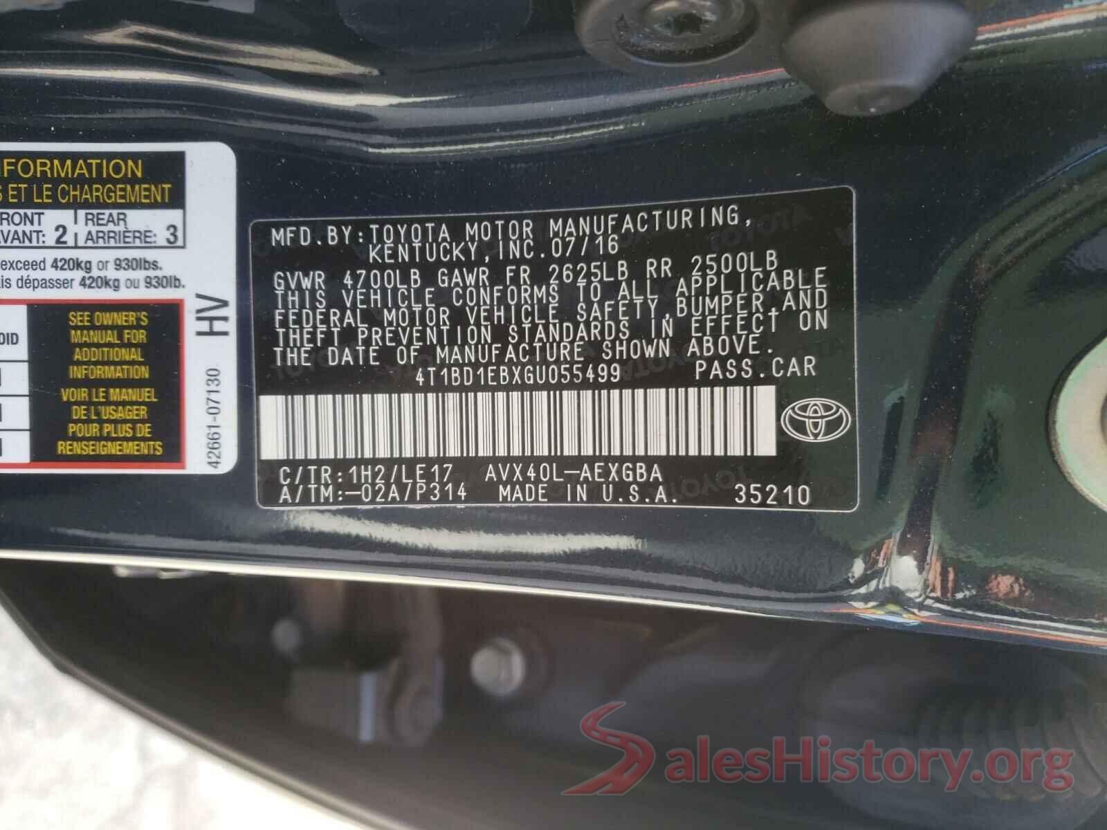 4T1BD1EBXGU055499 2016 TOYOTA AVALON