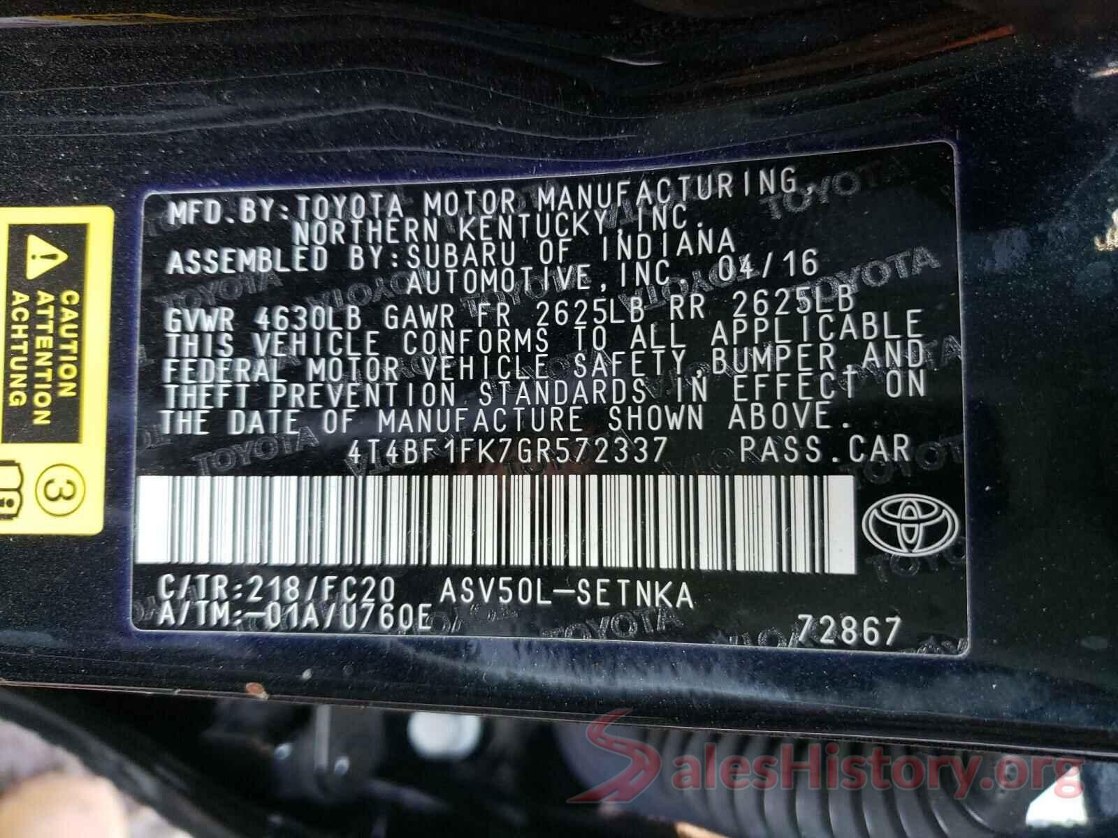 4T4BF1FK7GR572337 2016 TOYOTA CAMRY