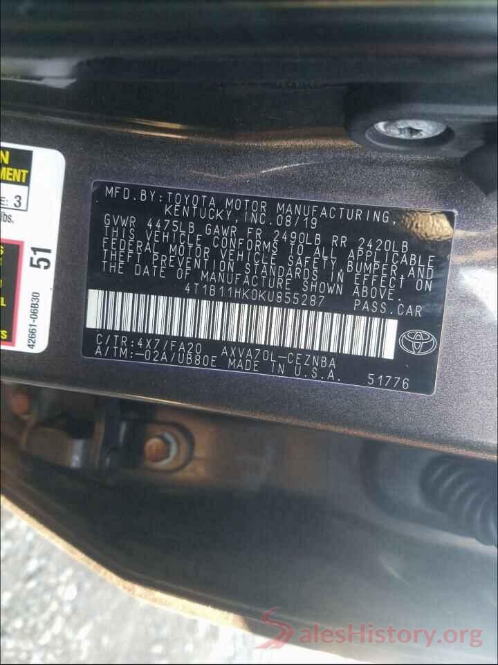 4T1B11HK0KU855287 2019 TOYOTA CAMRY