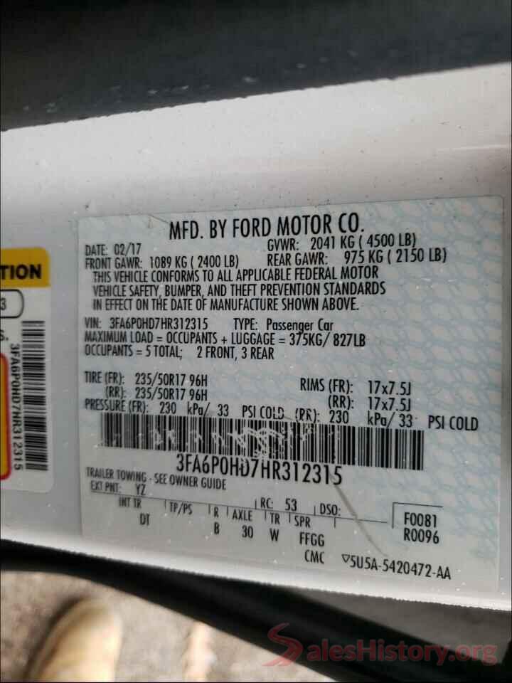 3FA6P0HD7HR312315 2017 FORD FUSION