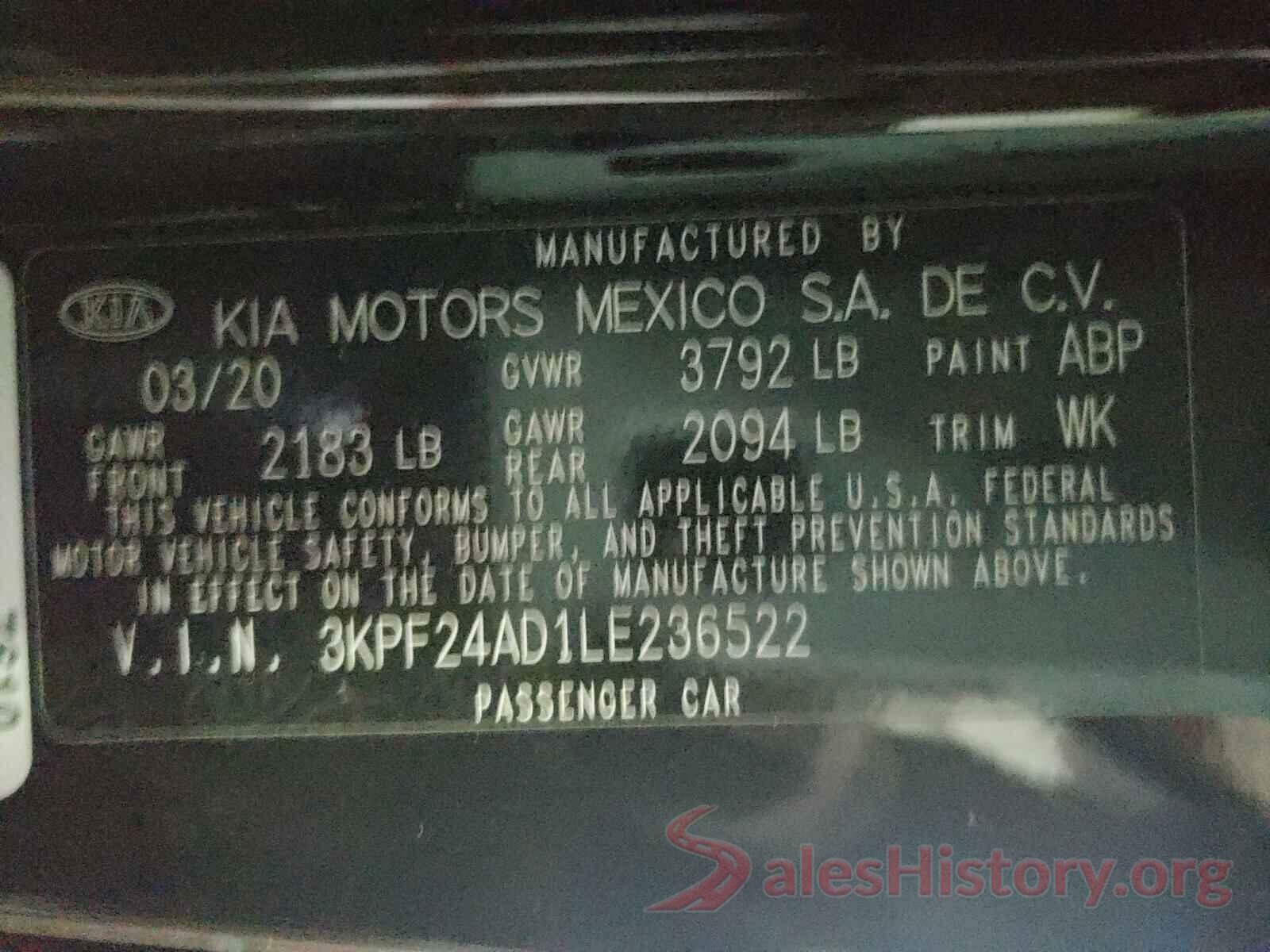 3KPF24AD1LE236522 2020 KIA FORTE