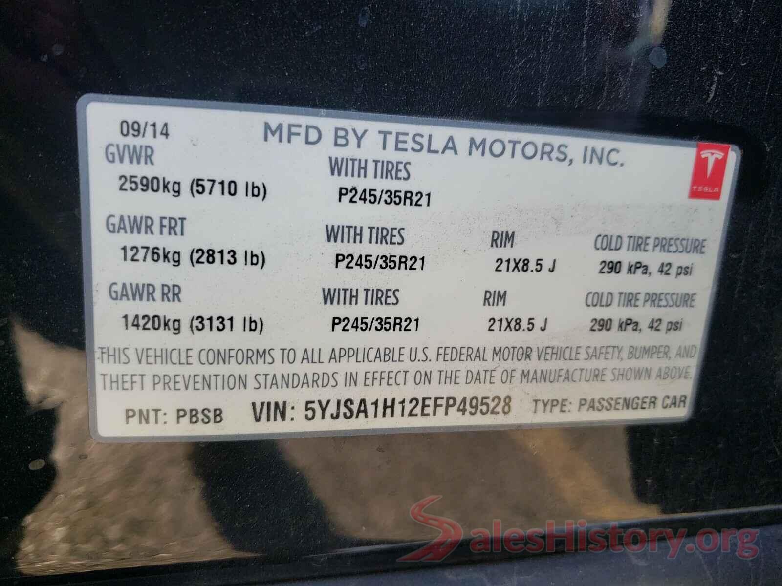 5YJSA1H12EFP49528 2014 TESLA MODEL S