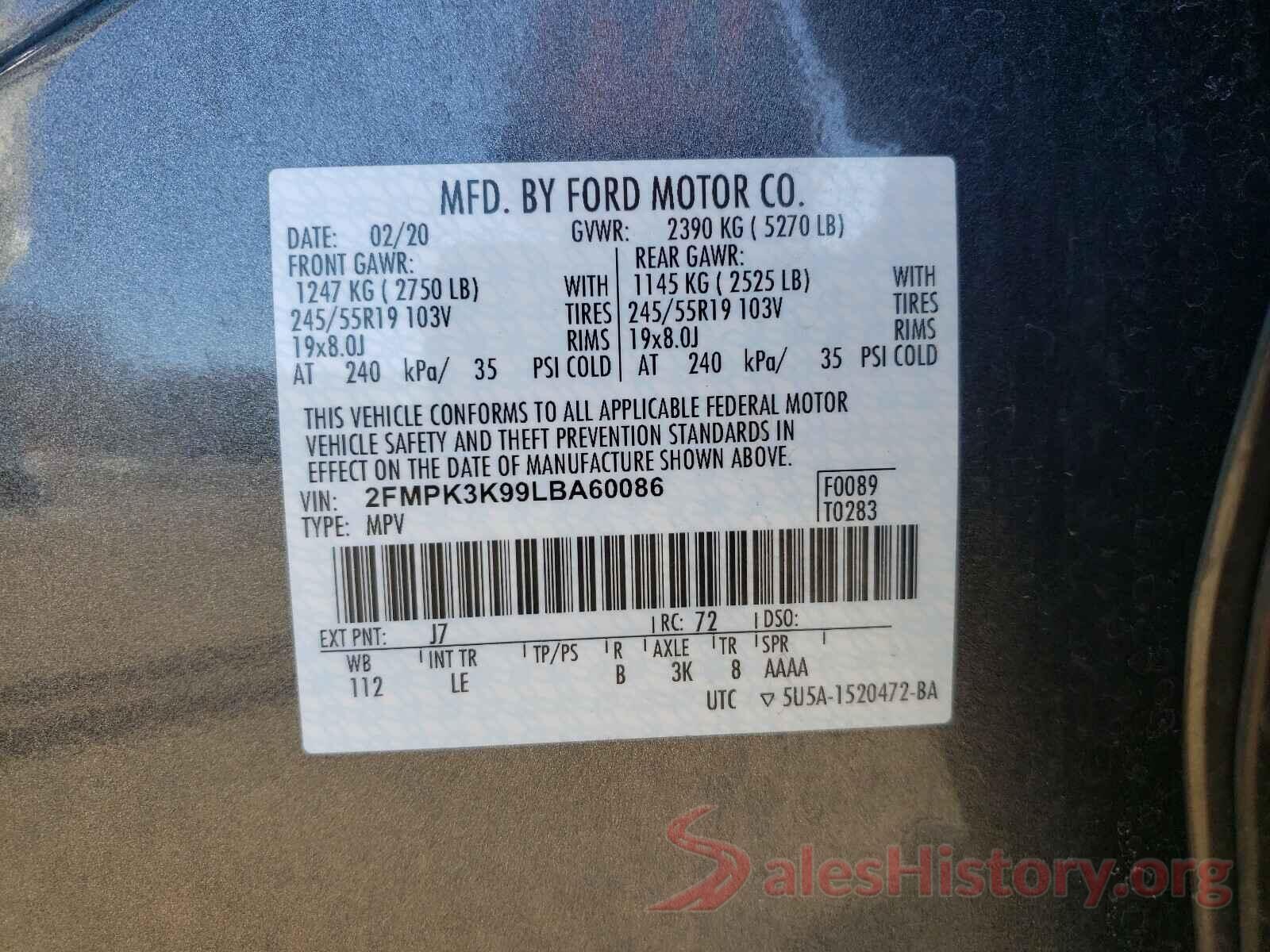 2FMPK3K99LBA60086 2020 FORD EDGE