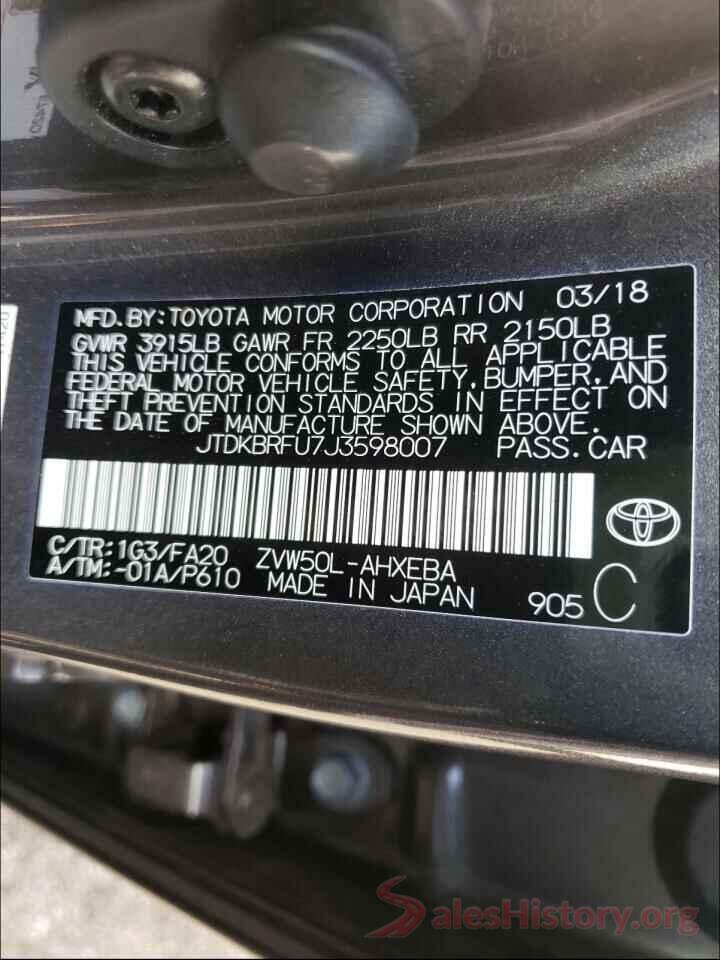 JTDKBRFU7J3598007 2018 TOYOTA PRIUS