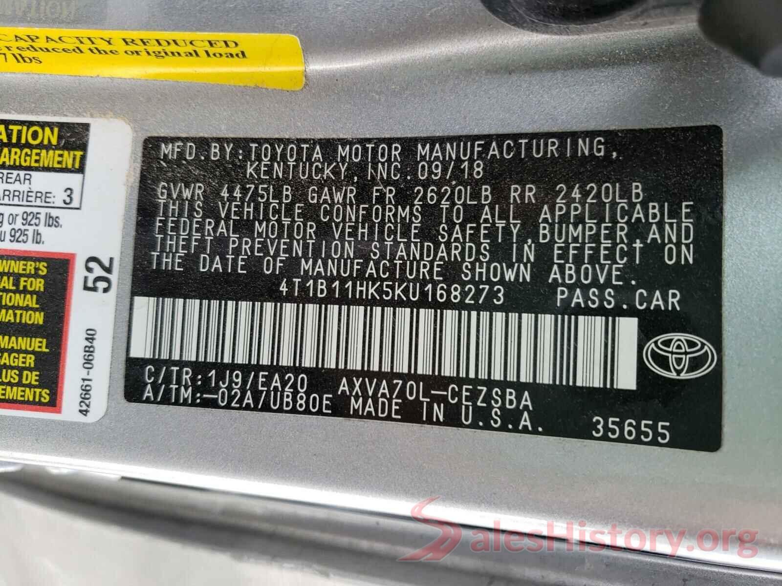 4T1B11HK5KU168273 2019 TOYOTA CAMRY