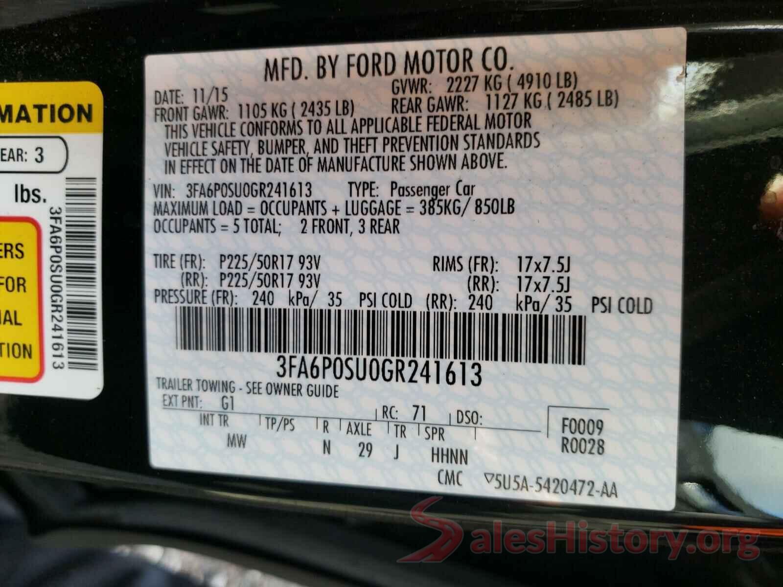 3FA6P0SU0GR241613 2016 FORD FUSION