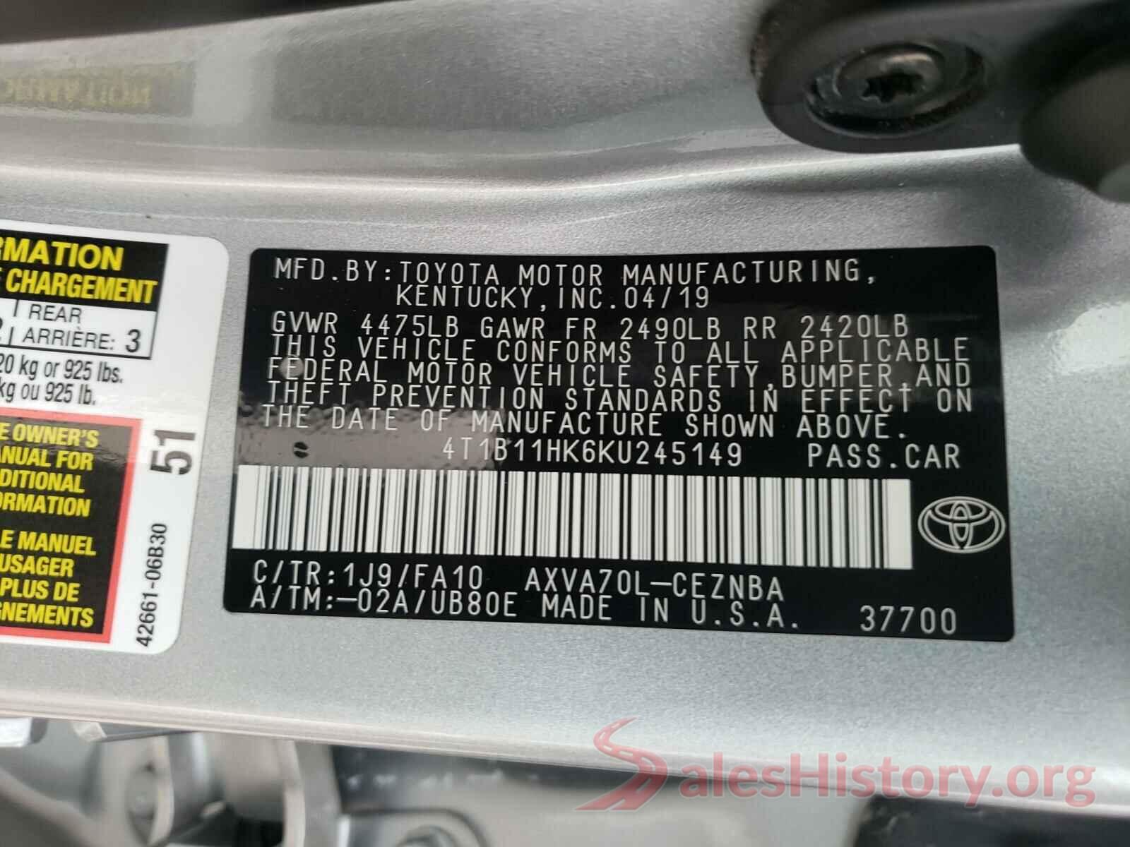 4T1B11HK6KU245149 2019 TOYOTA CAMRY