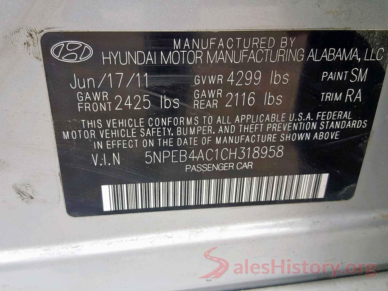 5NPEB4AC1CH318958 2012 HYUNDAI SONATA