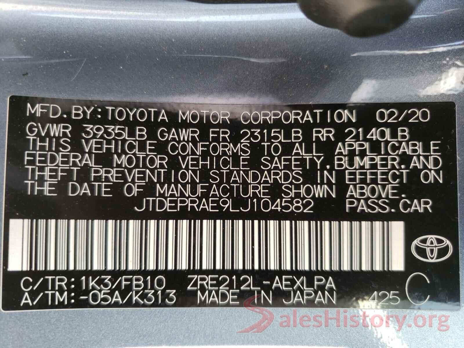 JTDEPRAE9LJ104582 2020 TOYOTA COROLLA