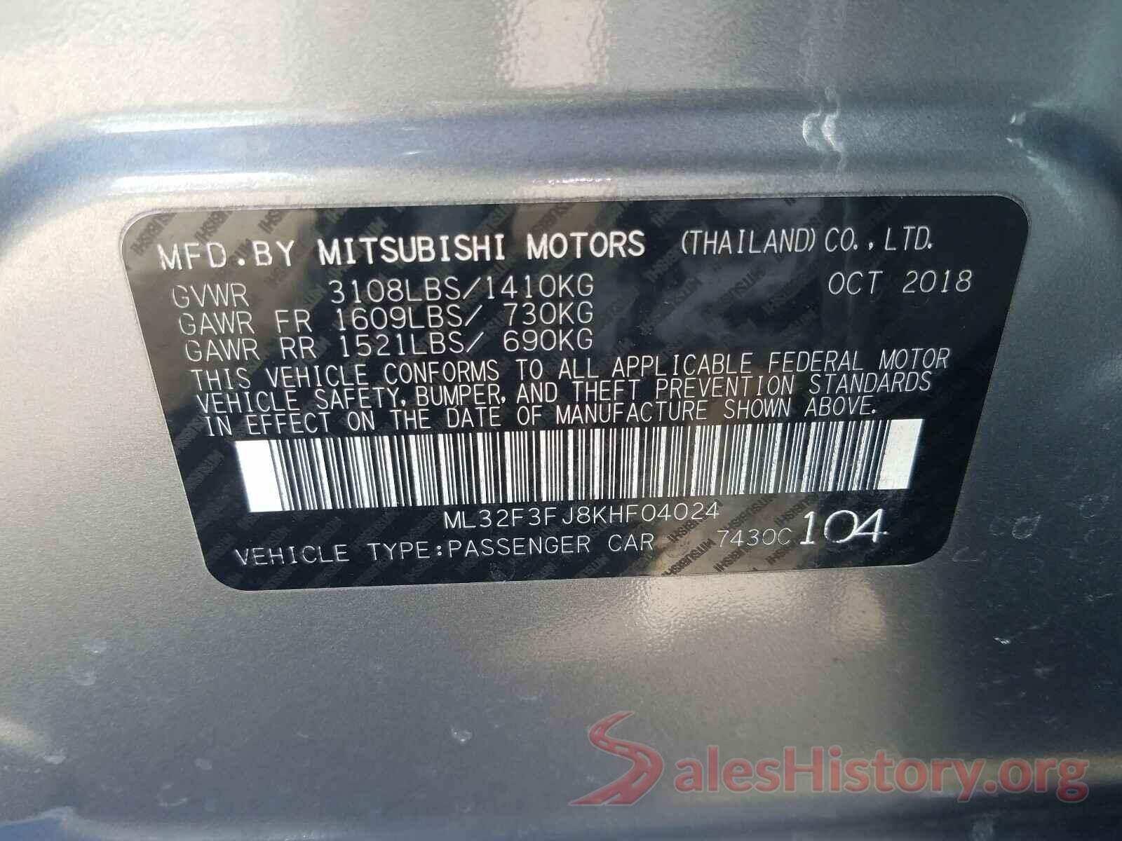 ML32F3FJ8KHF04024 2019 MITSUBISHI MIRAGE