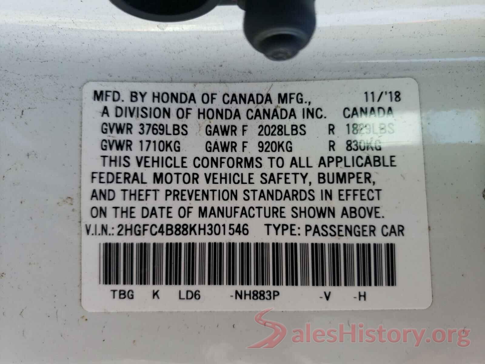 2HGFC4B88KH301546 2019 HONDA CIVIC