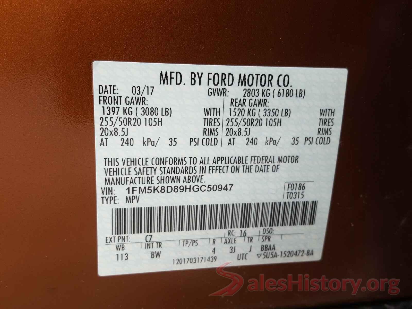 1FM5K8D89HGC50947 2017 FORD EXPLORER