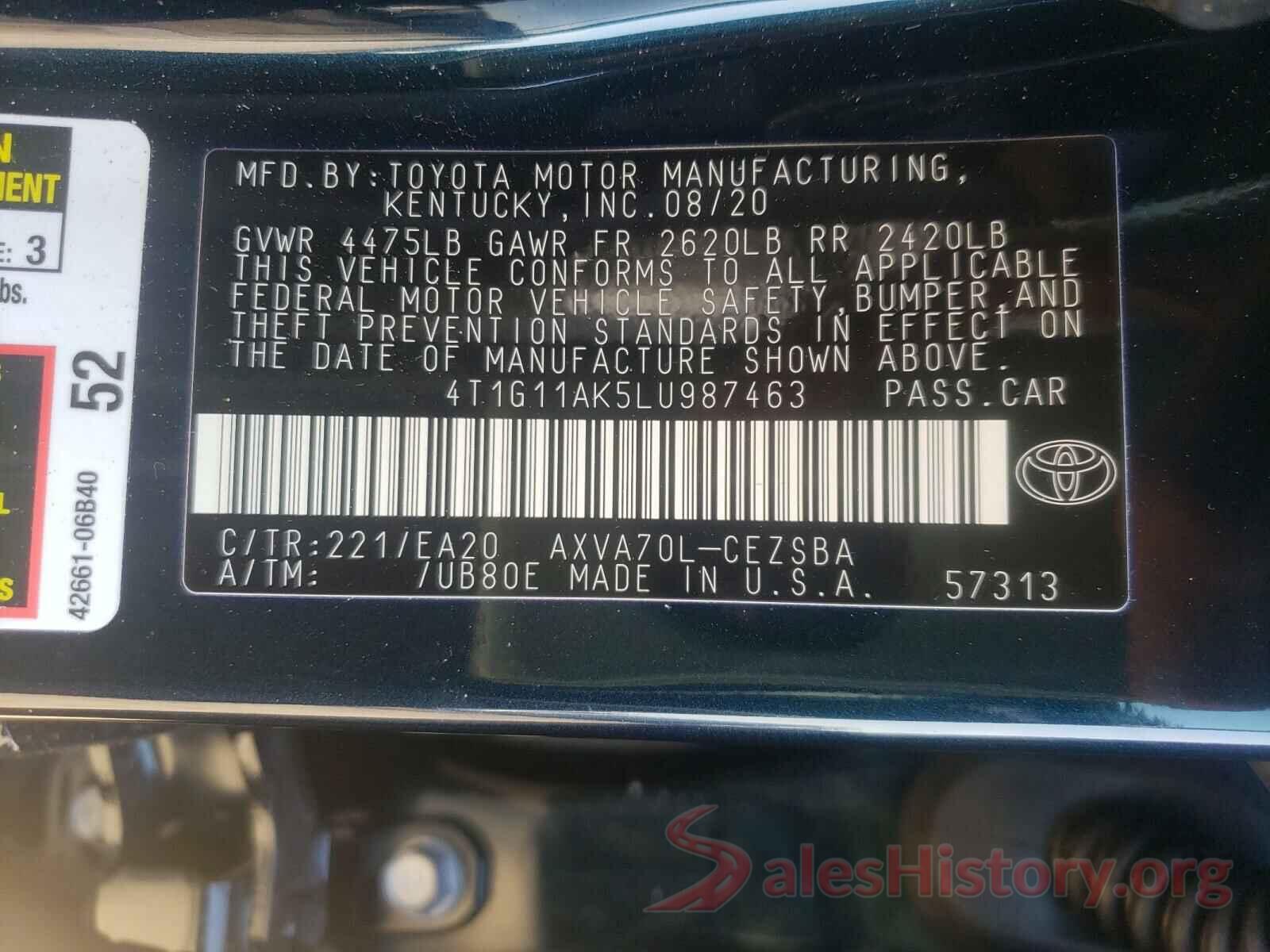 4T1G11AK5LU987463 2020 TOYOTA CAMRY