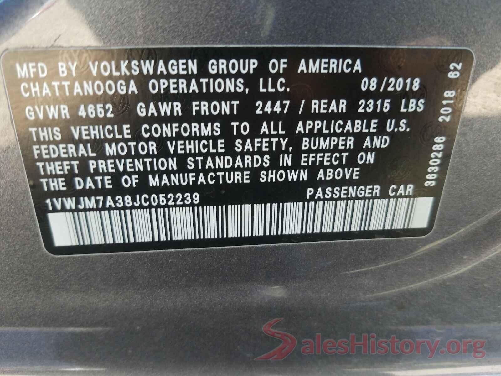 1VWJM7A38JC052239 2018 VOLKSWAGEN PASSAT