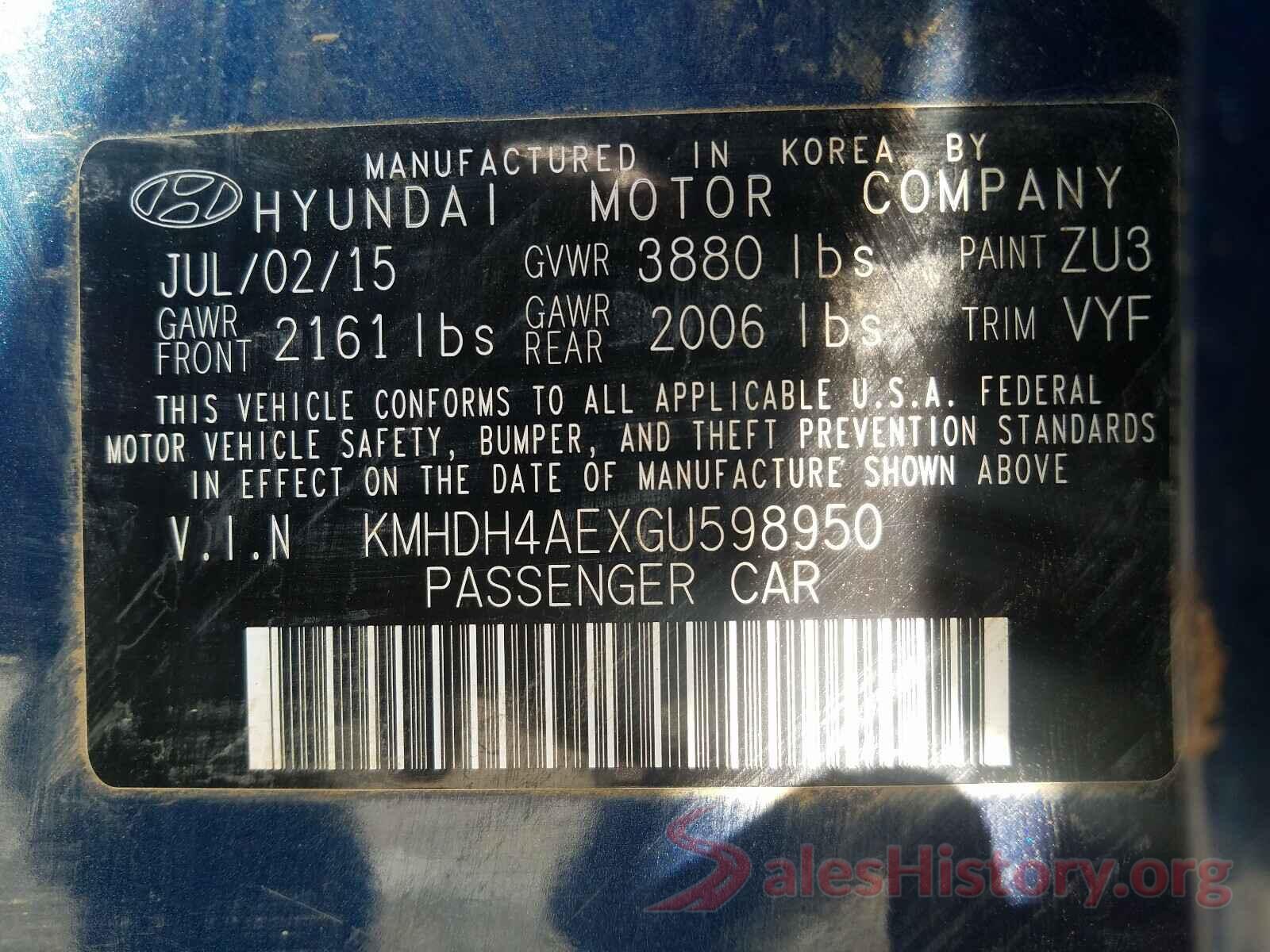 KMHDH4AEXGU598950 2016 HYUNDAI ELANTRA