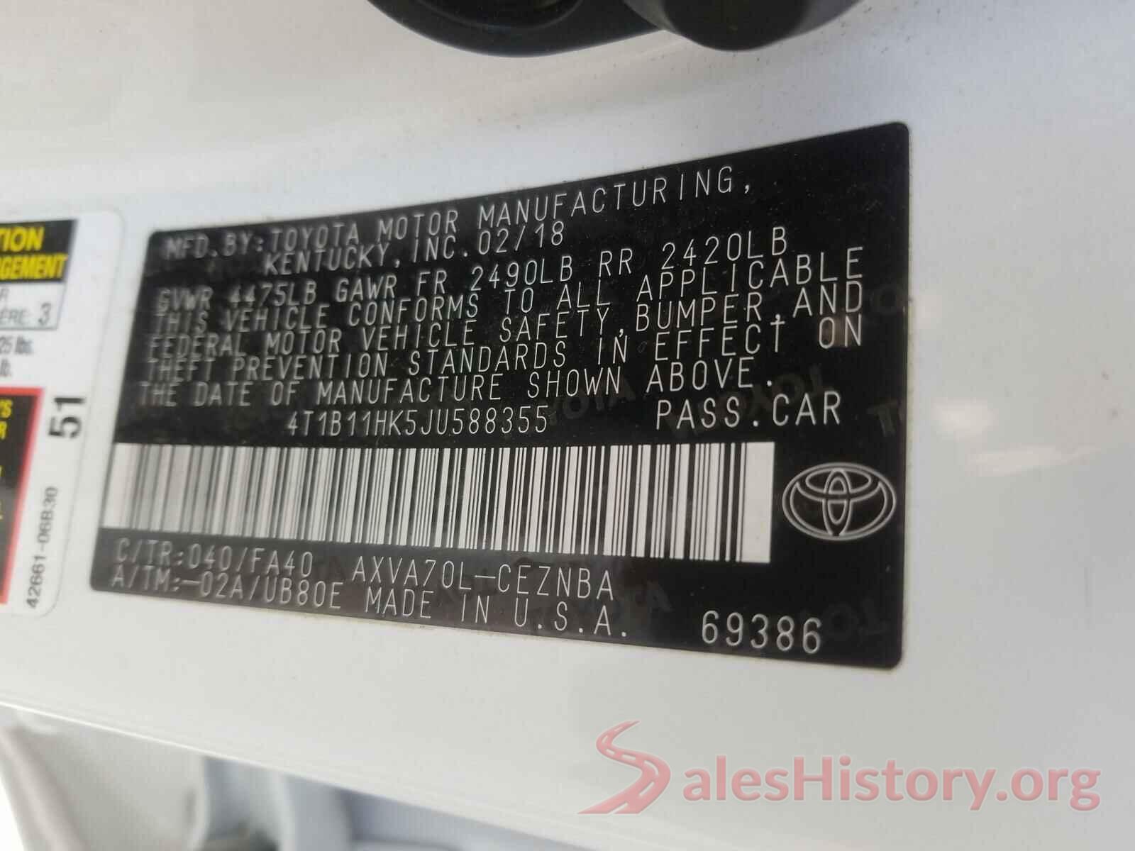 4T1B11HK5JU588355 2018 TOYOTA CAMRY