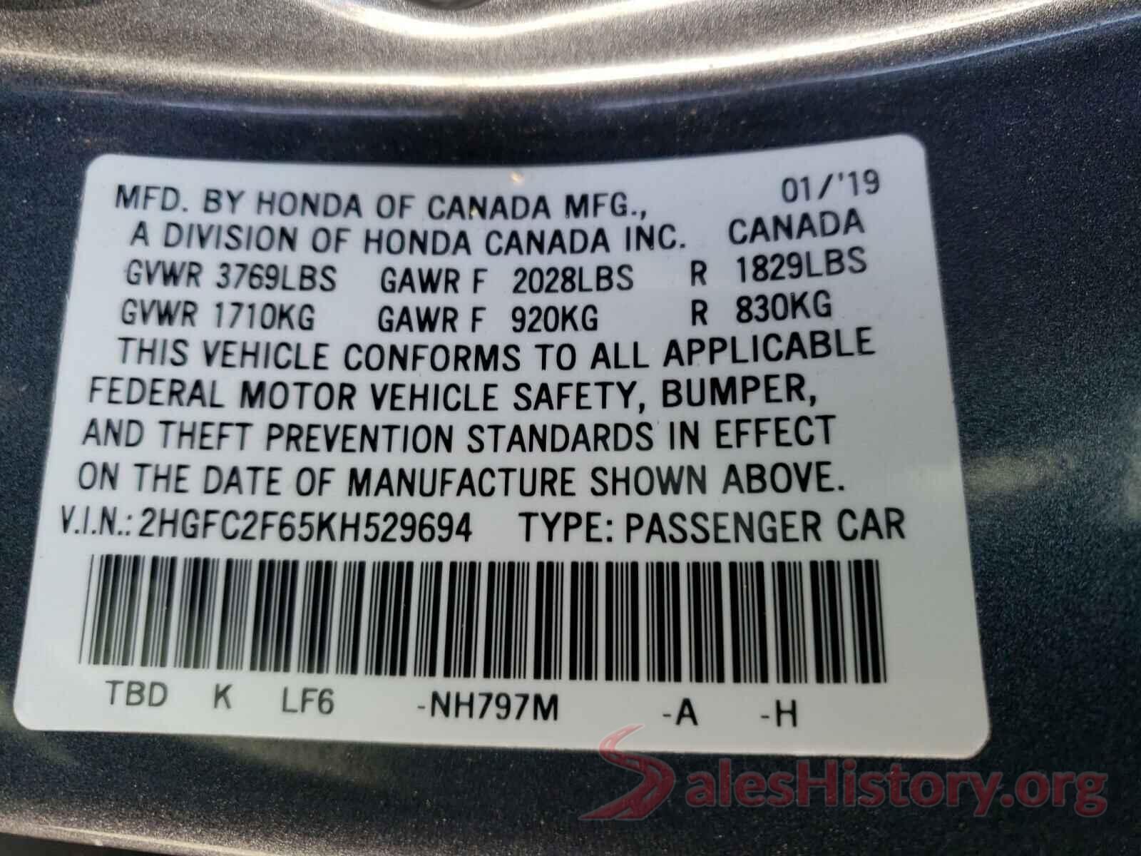 2HGFC2F65KH529694 2019 HONDA CIVIC