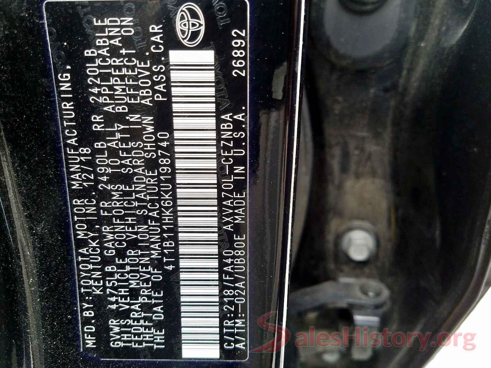 4T1B11HK6KU198740 2019 TOYOTA CAMRY