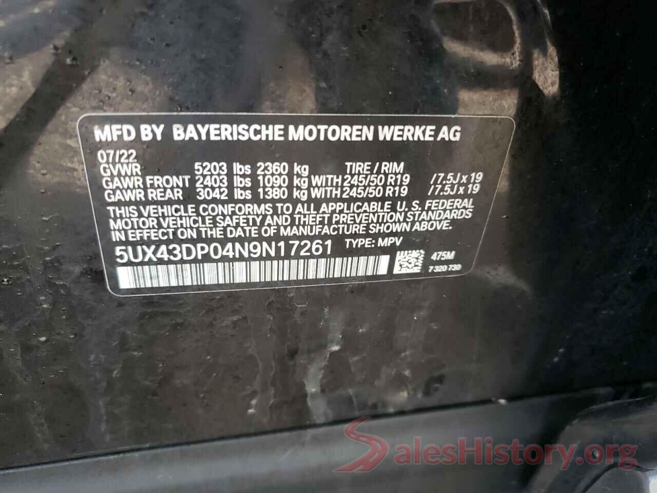 5UX43DP04N9N17261 2022 BMW X3